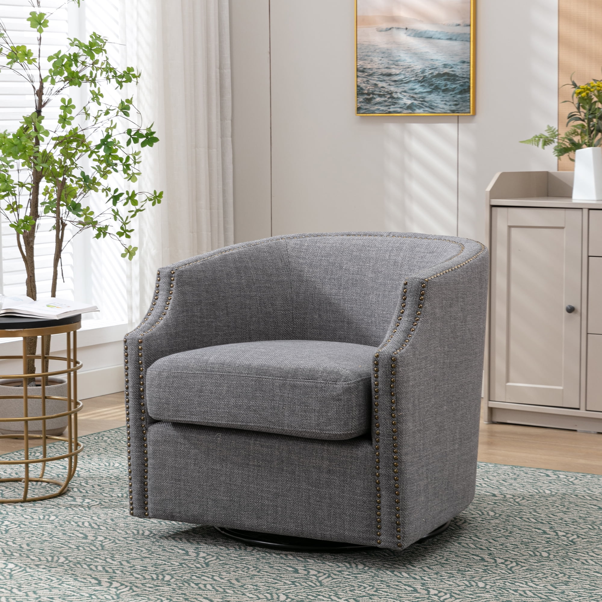 Lunale Fabric Swivel Accent Barrel Chair, Club Chair Comfy Reading Armchair, Gray