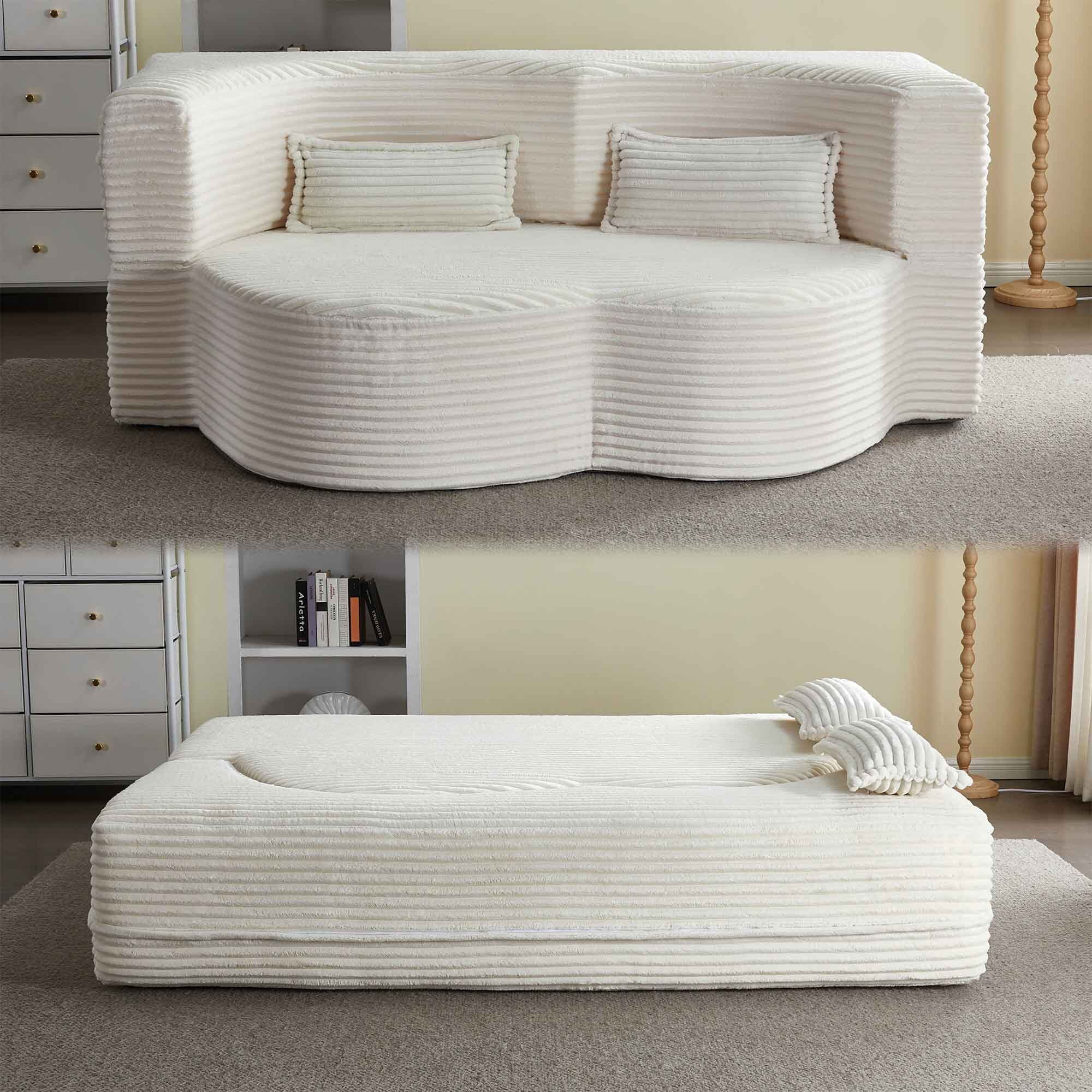 Lunale Full Size Convertible Sofa Bed, Boneless Cloud Couch, Folding Floor Sleeper Sofa for Living Room, Beige Corduroy