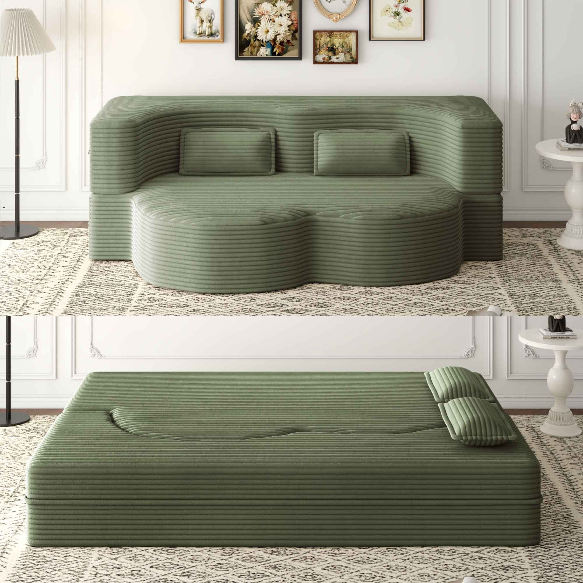 Lunale Full Size Convertible Sofa Bed, Boneless Cloud Couch, Folding Floor Sleeper Sofa for Living Room, Green Corduroy