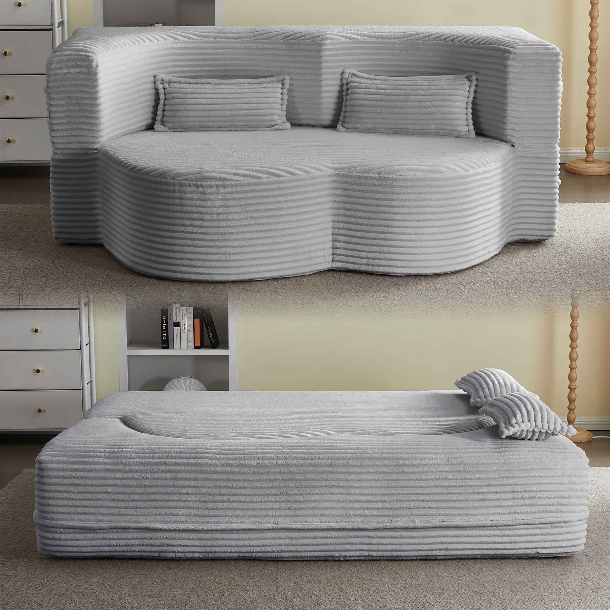 Lunale Full Size Convertible Sofa Bed, Boneless Cloud Couch, Folding Floor Sleeper Sofa for Living Room, Light Gray Corduroy
