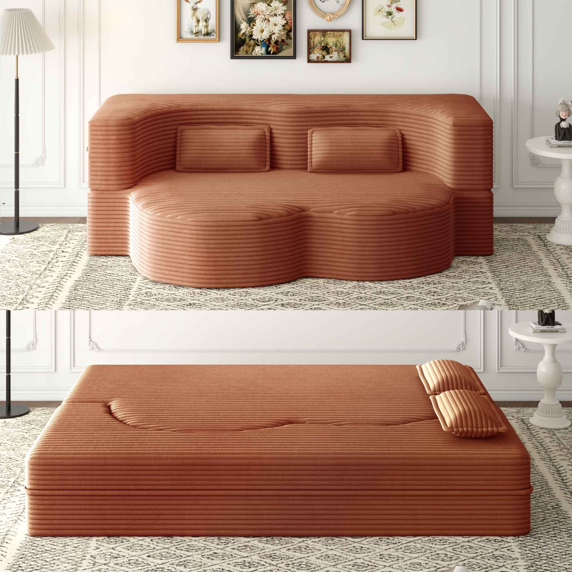 Lunale Full Size Convertible Sofa Bed, Boneless Cloud Couch, Folding Floor Sleeper Sofa for Living Room, Orange Corduroy