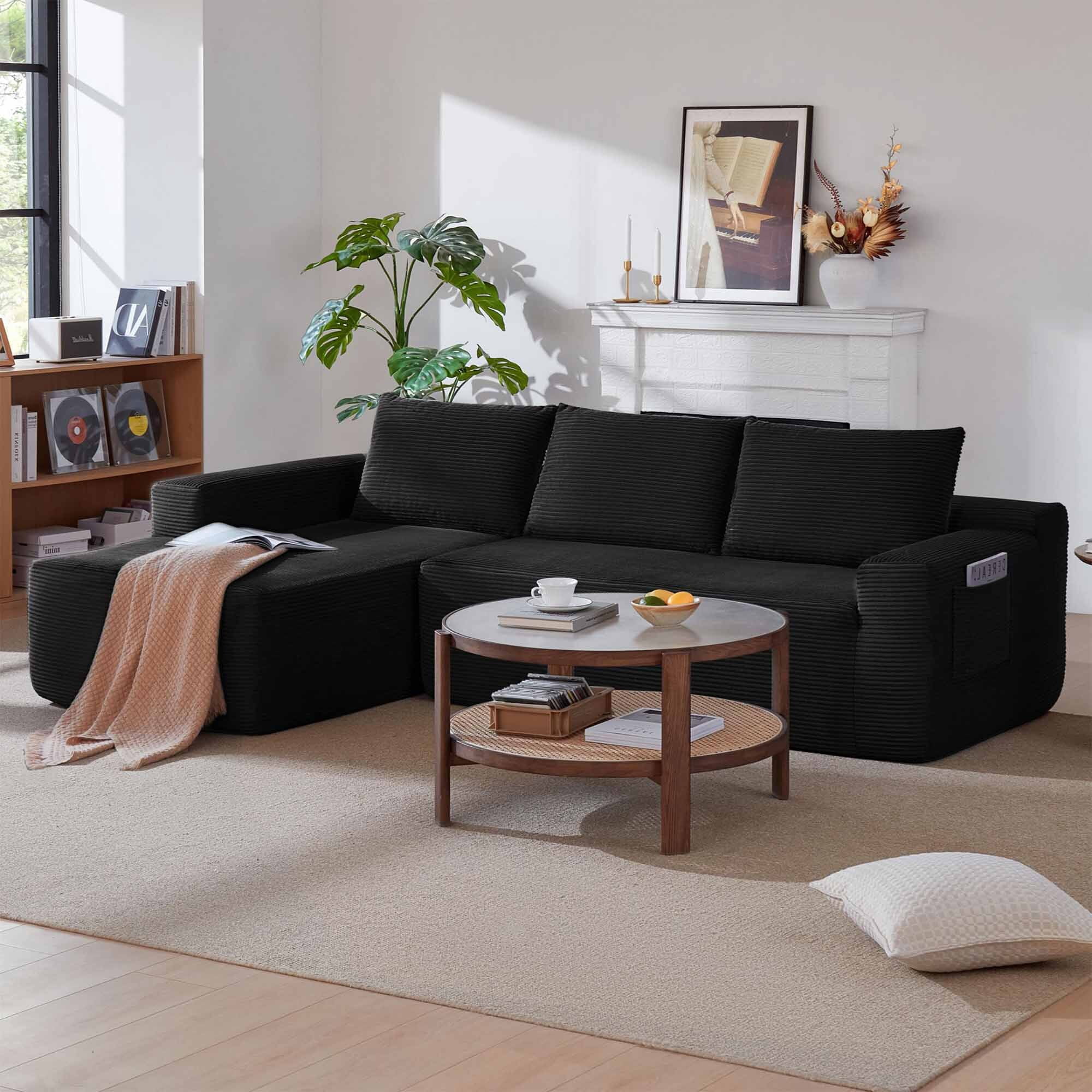 Lunale L-Shaped Modular Sectional Sofa with Movable Chaise, 3-Seater Boneless Cloud Couch for Living Room, Black(Left Facing Chaise)