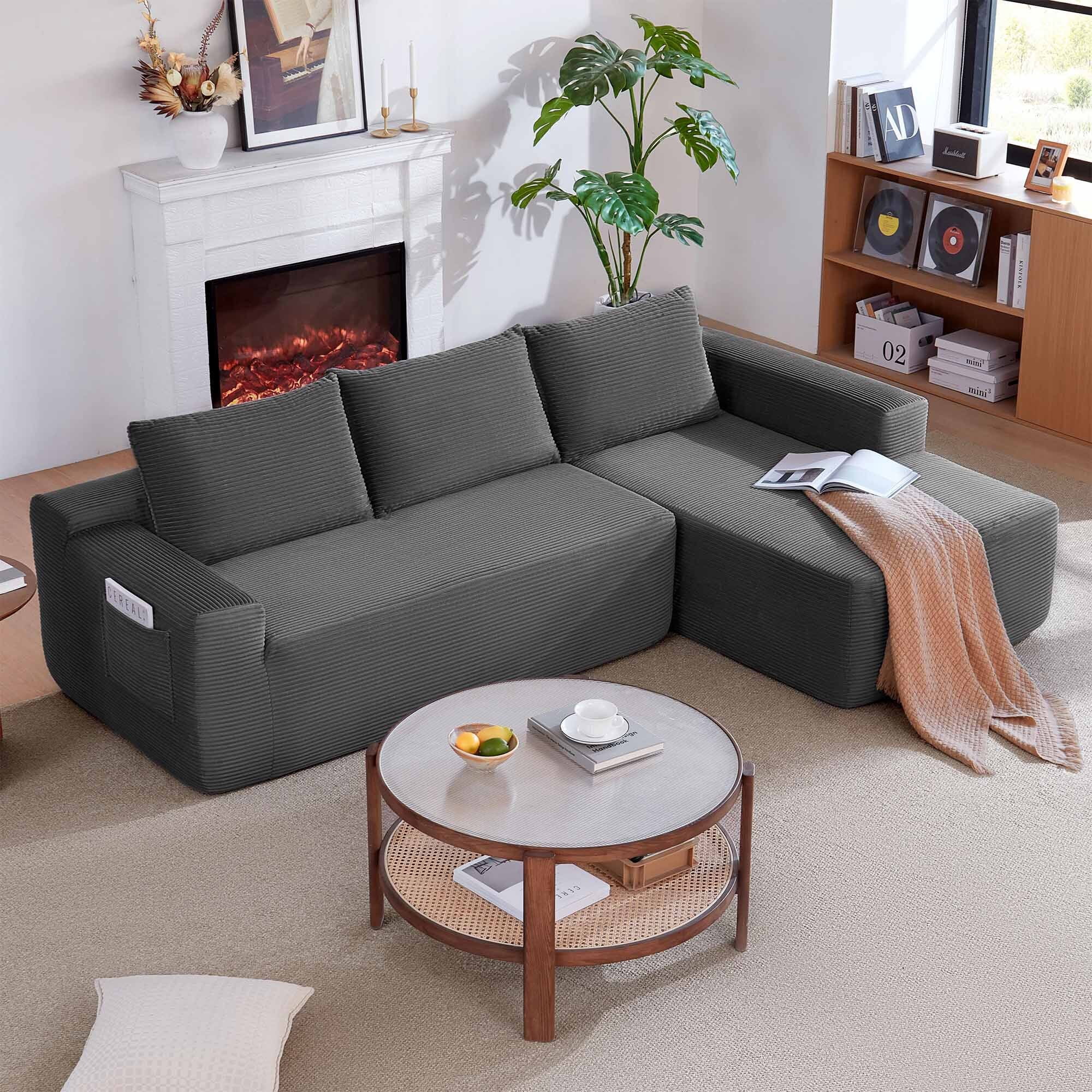 Lunale L-Shaped Modular Sectional Sofa with Movable Chaise, 3-Seater Boneless Cloud Couch for Living Room, Gray(Right Facing Chaise)