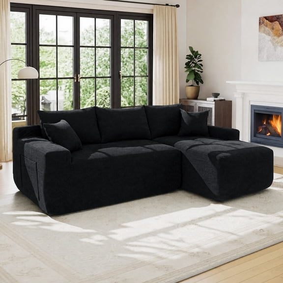 Lunale L-Shaped Modular Sectional Sofa with Right Chaise, No Assembly Required, Boneless Polyester Cloud Couch for Living Room, Black