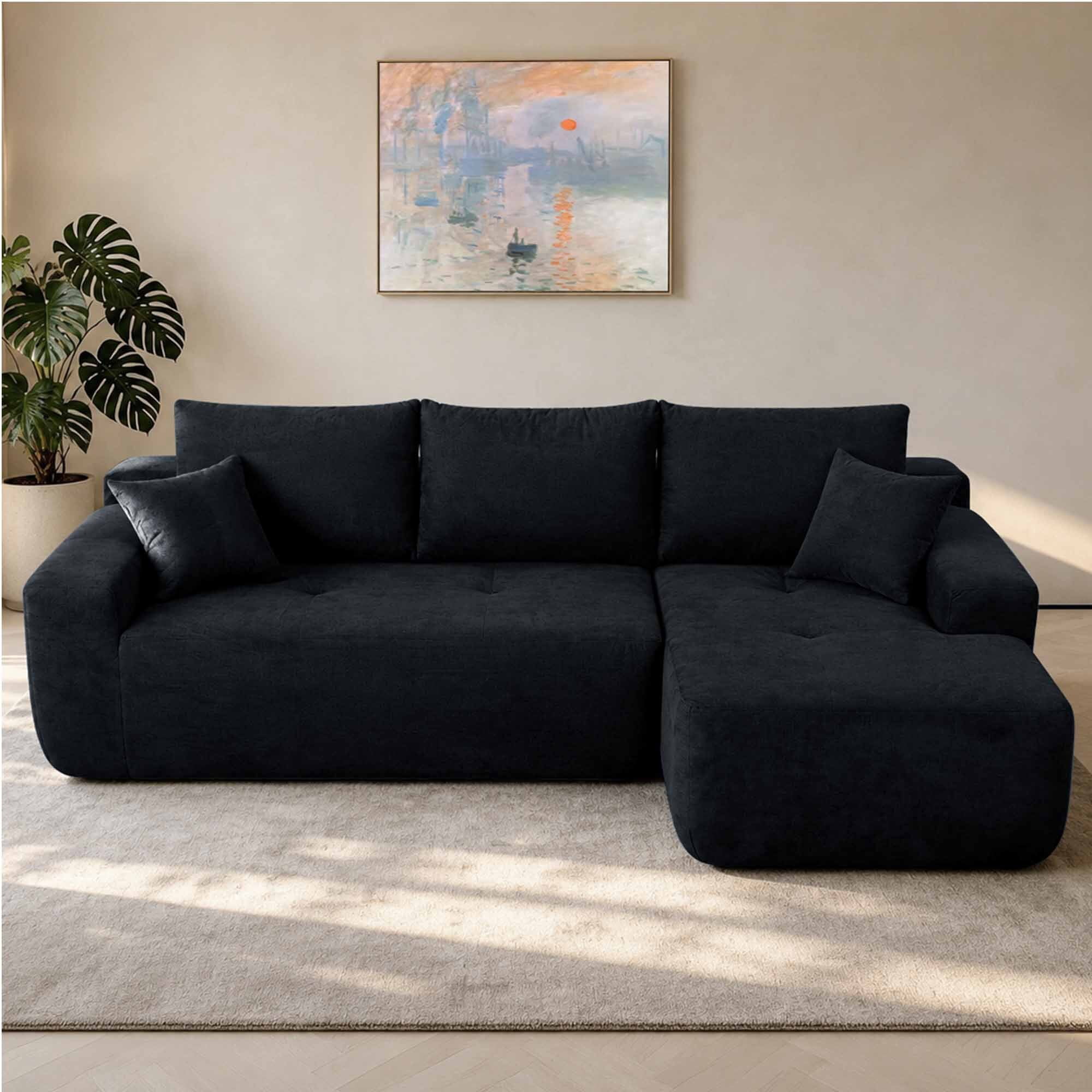Lunale L-Shaped Modular Sectional Sofa with Right Chaise, No Assembly Required, Boneless Polyester Cloud Couch for Living Room, Black
