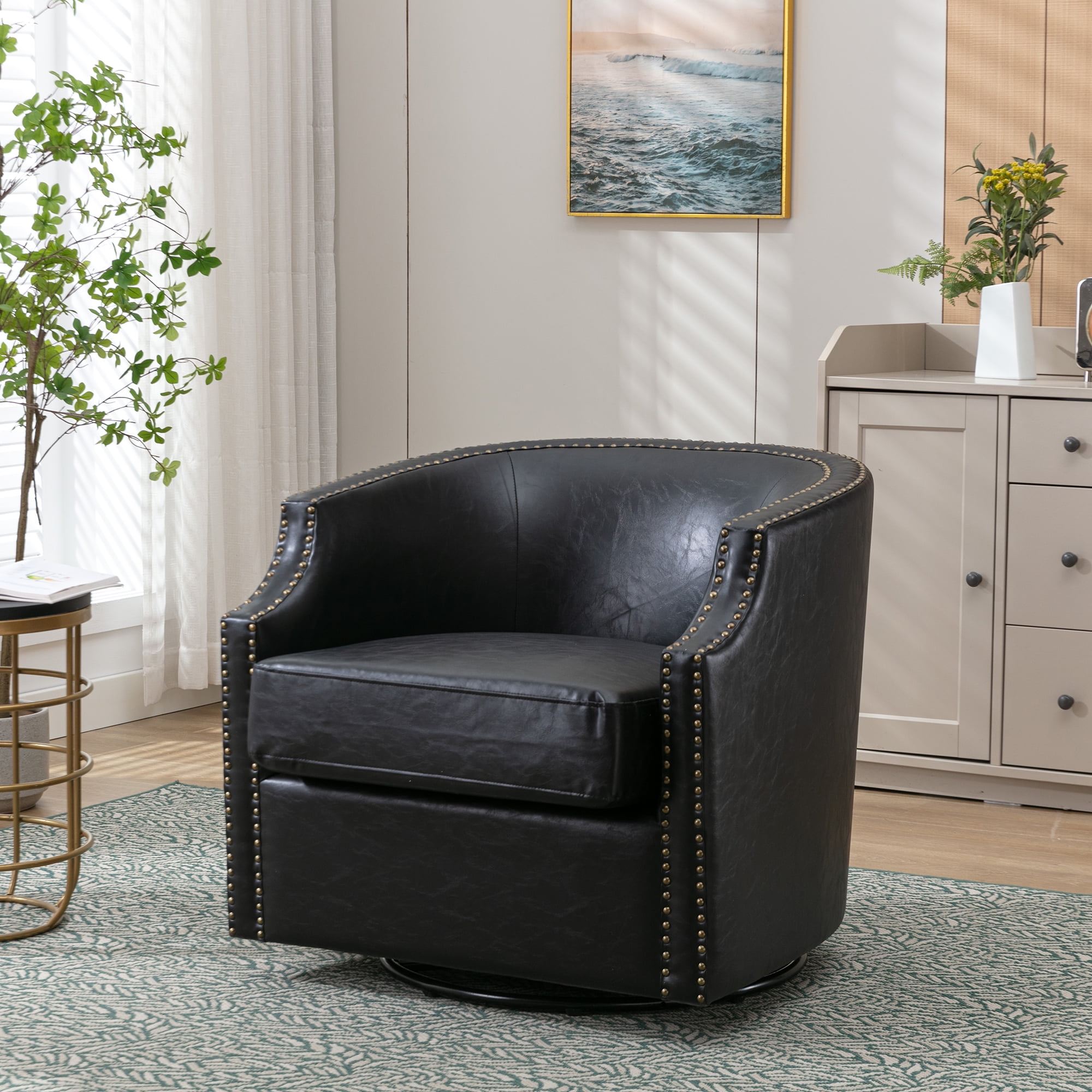 Lunale Leather Swivel Accent Barrel Chair, Club Chair Comfy Reading Armchair, Black