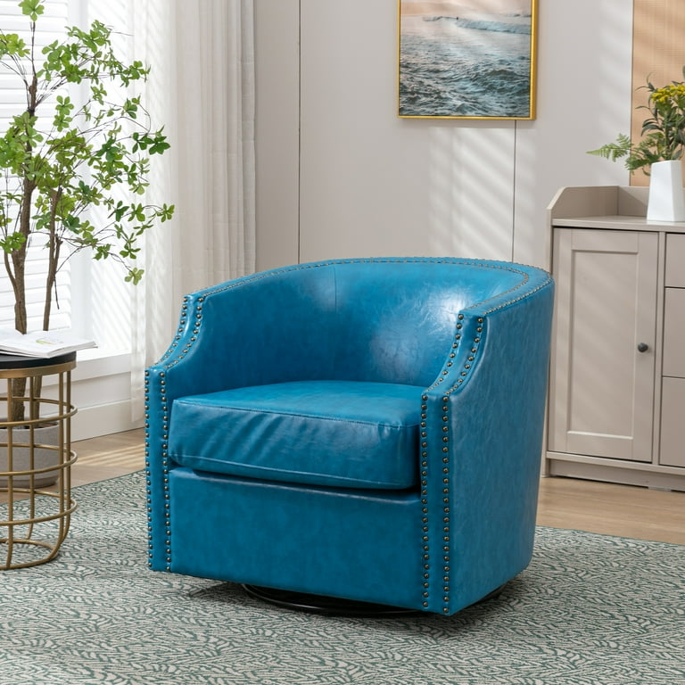 Lunale Light Blue Leather Swivel Barrel Chair, Comfy Reading