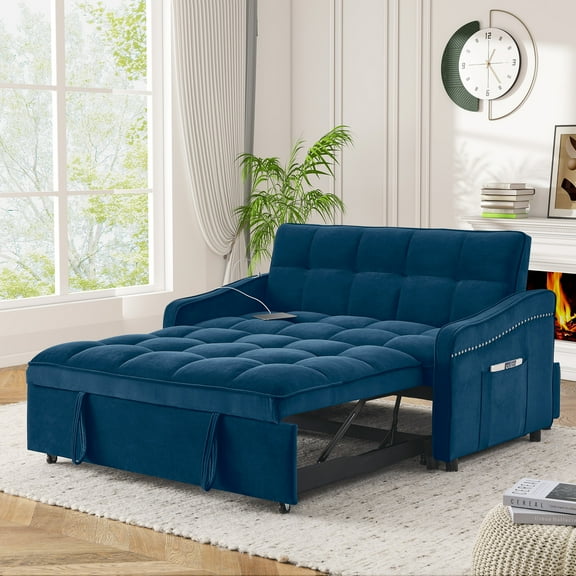 Lunale Loveseat Sleeper with USB/Type-C, Convertible Sleeper Sofa Bed for Living Room/Apt, Blue Velvet