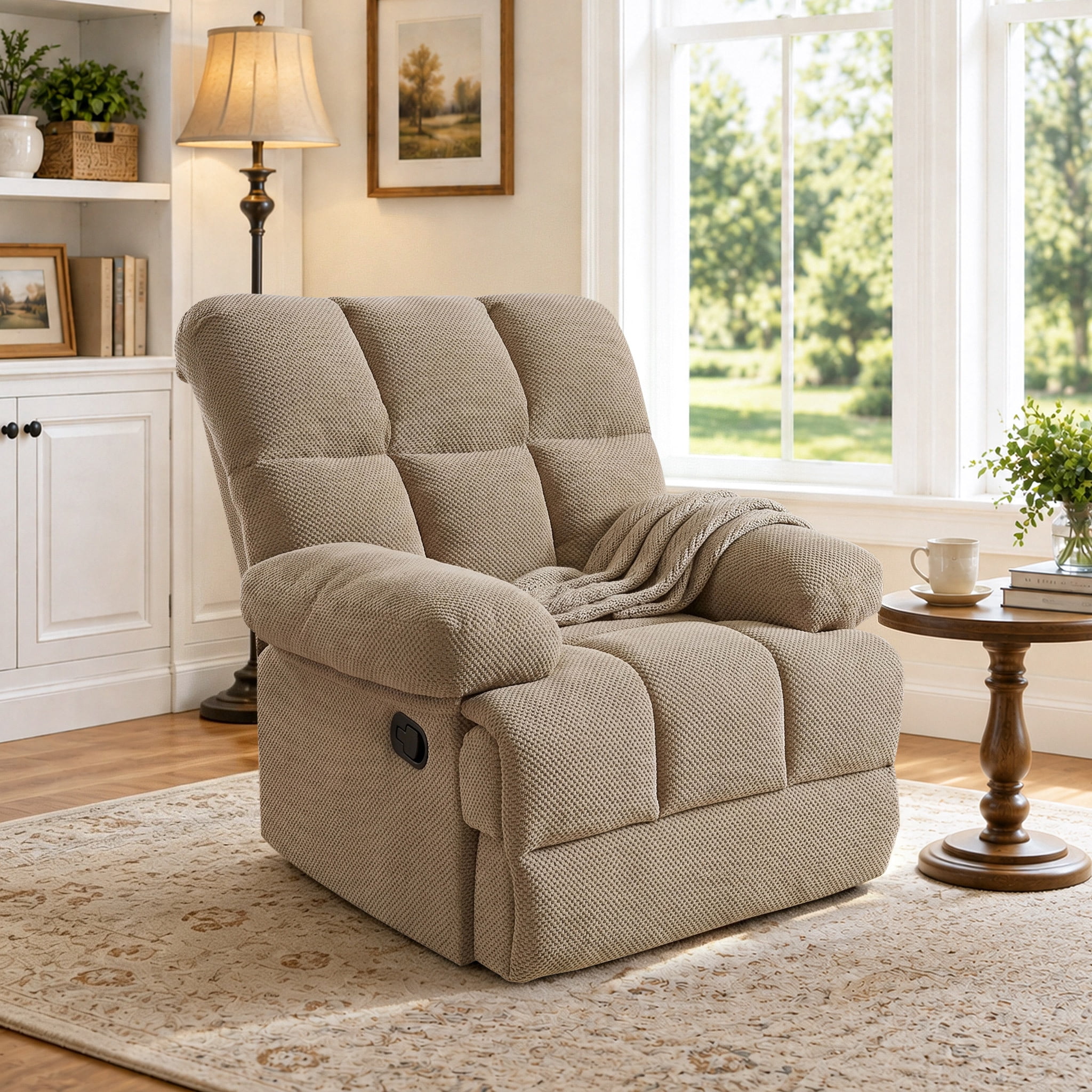 Lunale Manual Rocker Recliner for Home/Office, Adults Fabric Reclining Lounge Chair with Footrest, Camel Polyester