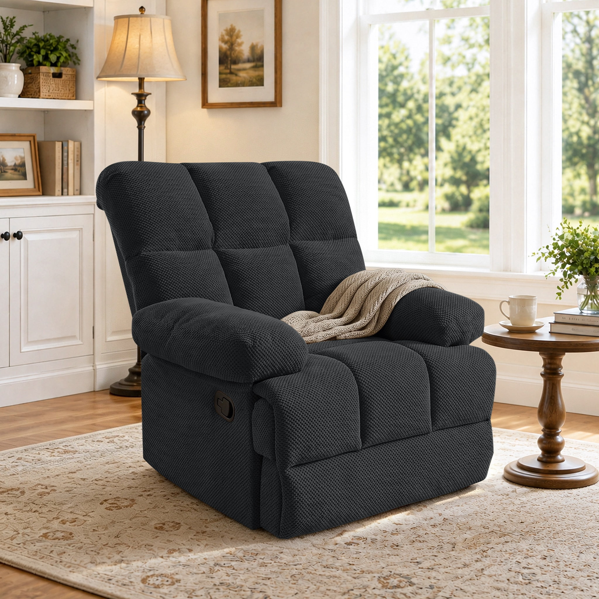 Lunale Manual Rocker Recliner for Home/Office, Adults Fabric Reclining Lounge Chair with Footrest, Gray Polyester