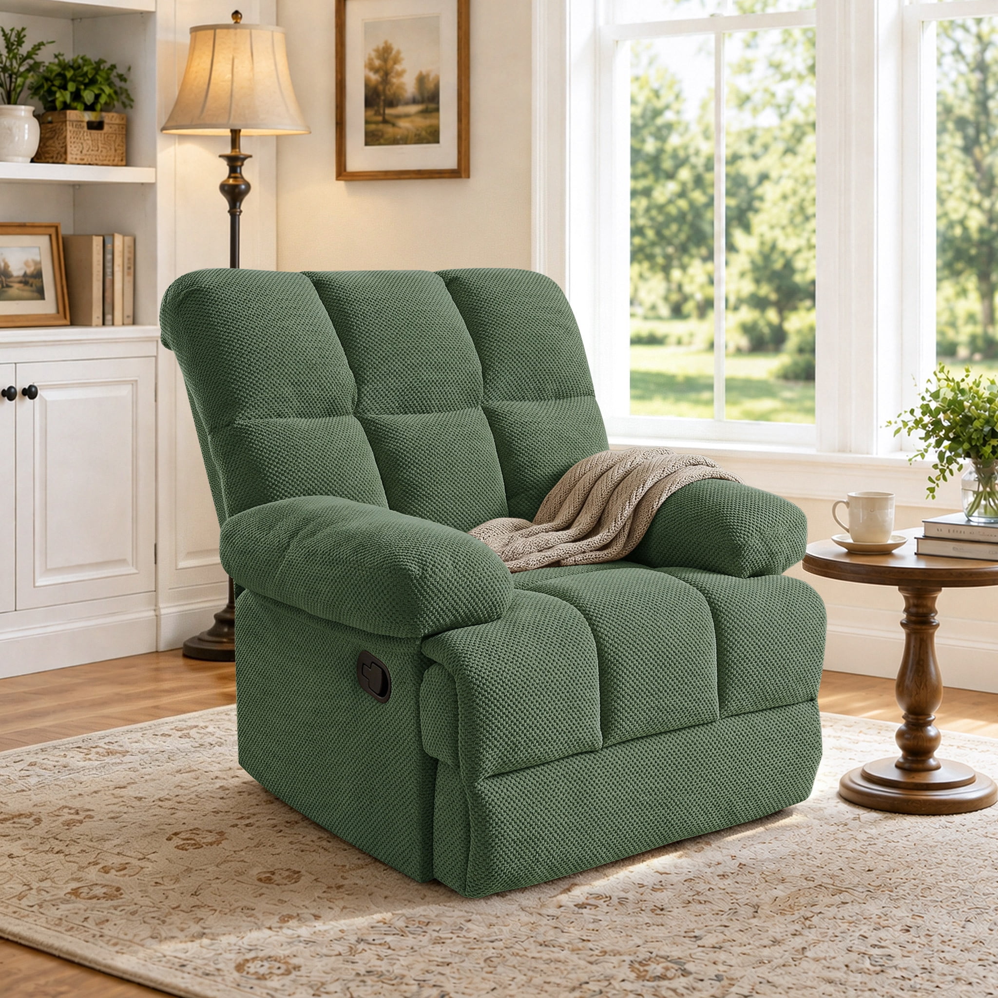 Lunale Manual Rocker Recliner for Home/Office, Adults Fabric Reclining Lounge Chair with Footrest, Green Polyester