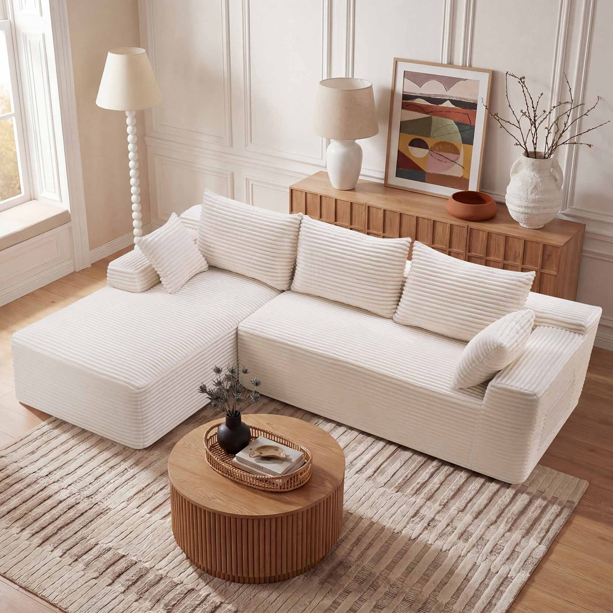 Lunale Small Modular Sectional Sofa with Movable Chaise, L-Shaped Boneless Cloud Couch for Living Room, Beige (Right Facing Chaise)