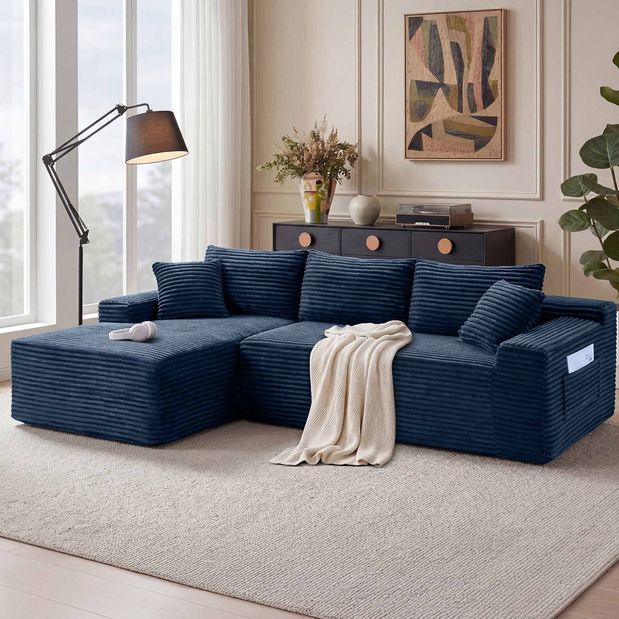 Lunale Small Modular Sectional Sofa with Movable Chaise, L-Shaped Boneless Cloud Couch for Living Room, Blue (Left Facing Chaise)