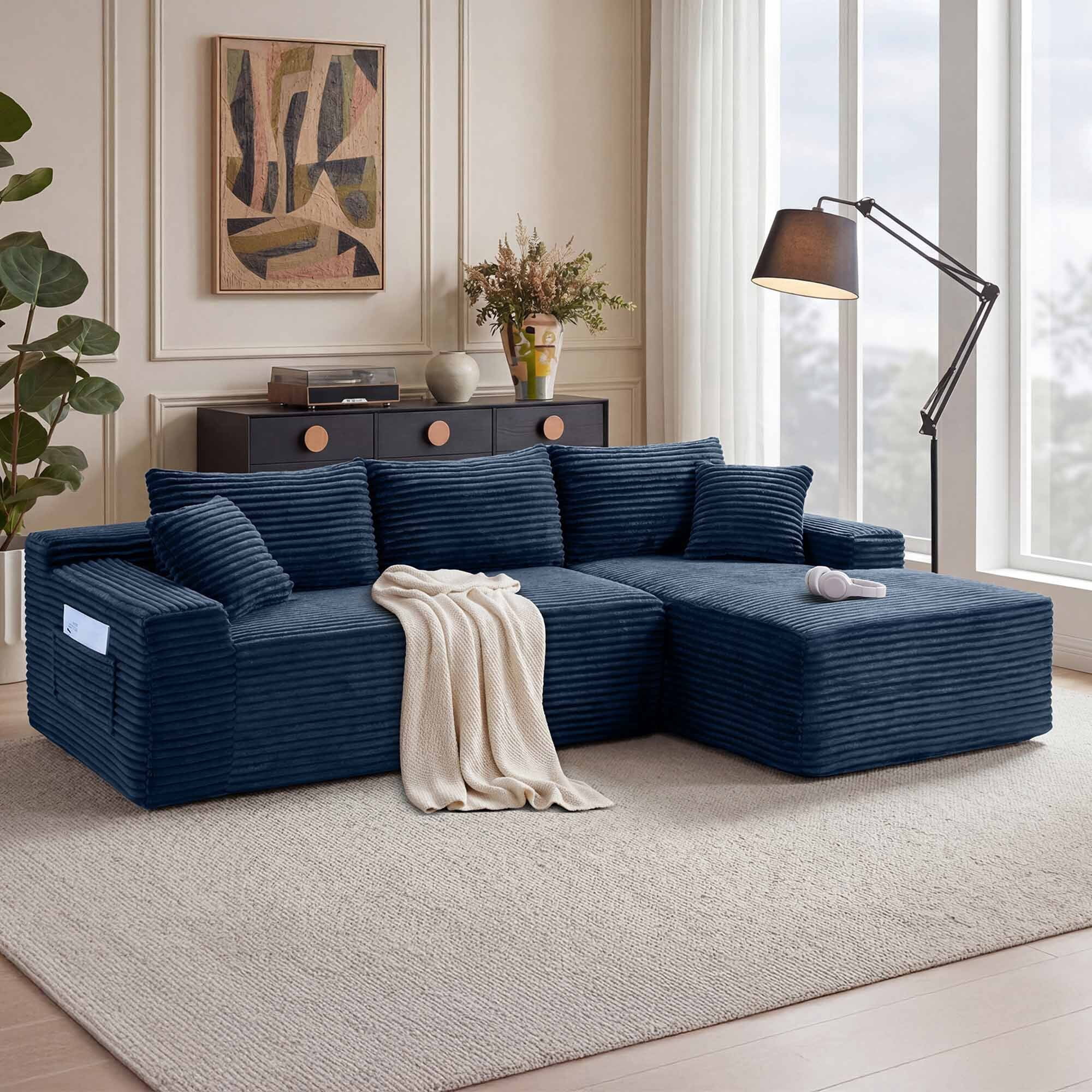 Lunale Small Modular Sectional Sofa with Movable Chaise, L-Shaped Boneless Cloud Couch for Living Room, Blue (Right Facing Chaise)
