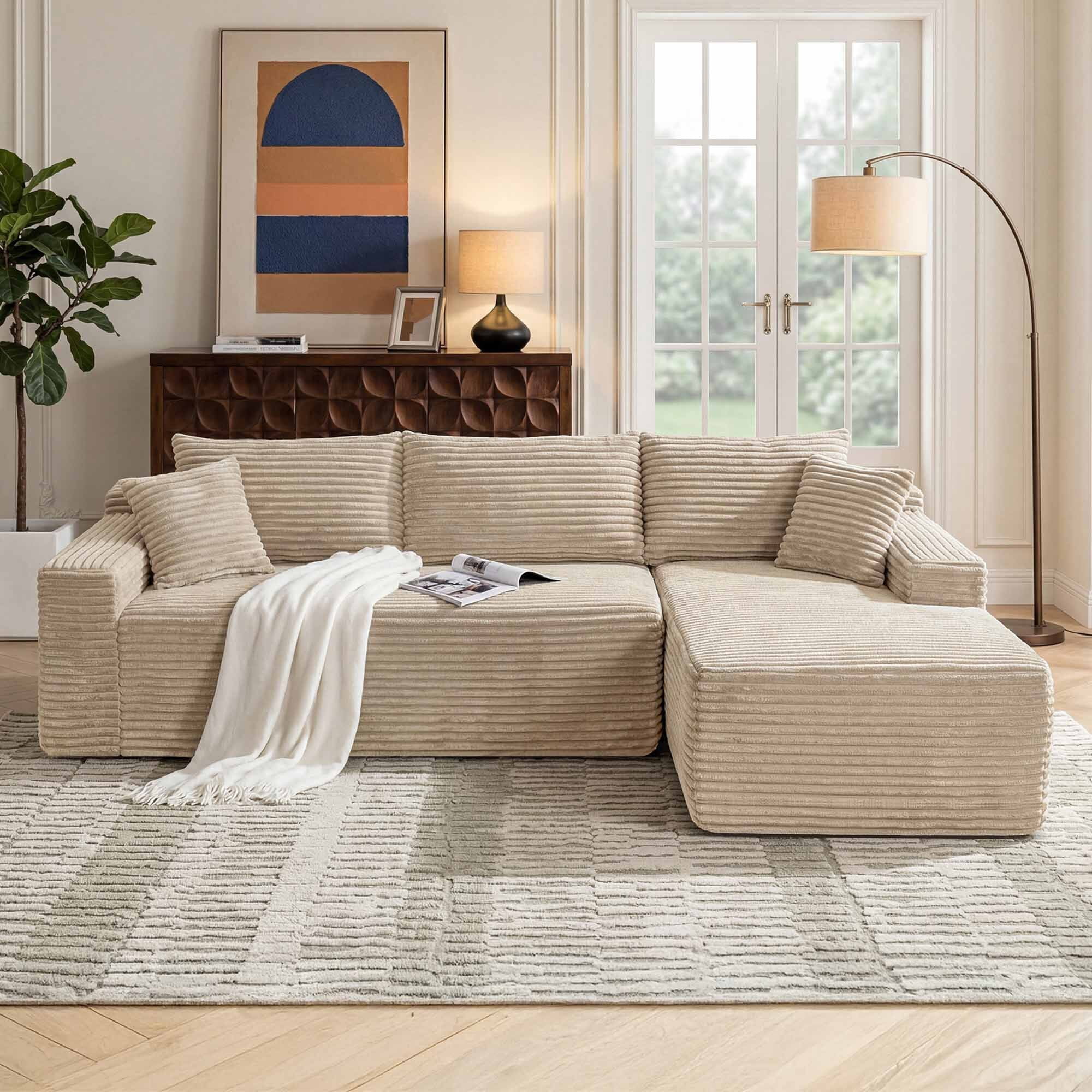 Lunale Small Modular Sectional Sofa with Movable Chaise, L-Shaped Boneless Cloud Couch for Living Room, Camel (Right Facing Chaise)