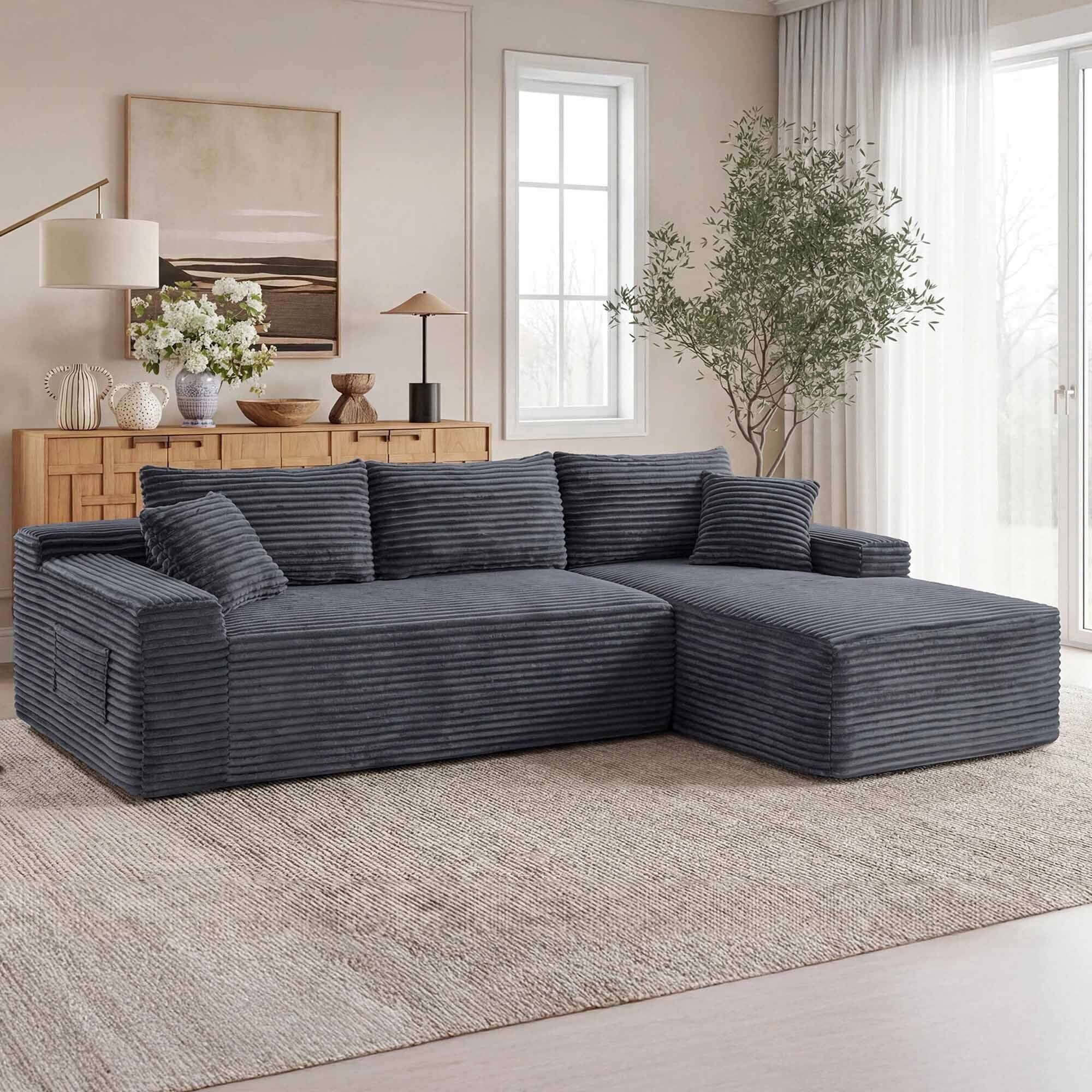 Lunale Small Modular Sectional Sofa with Movable Chaise, L-Shaped Boneless Cloud Couch for Living Room, Gray (Right Facing Chaise)