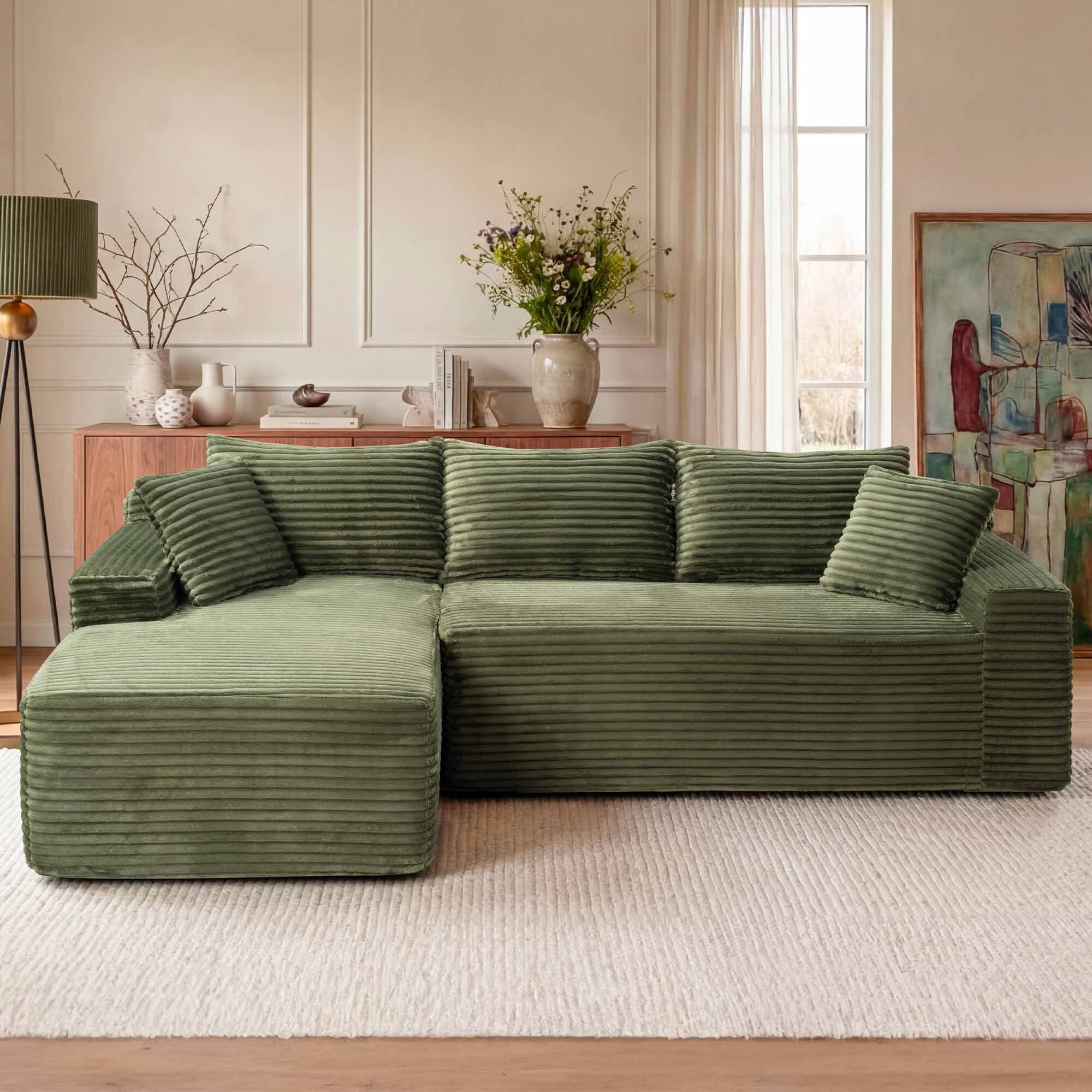 Lunale Small Modular Sectional Sofa with Movable Chaise, L-Shaped Boneless Cloud Couch for Living Room, Green (Left Facing Chaise)