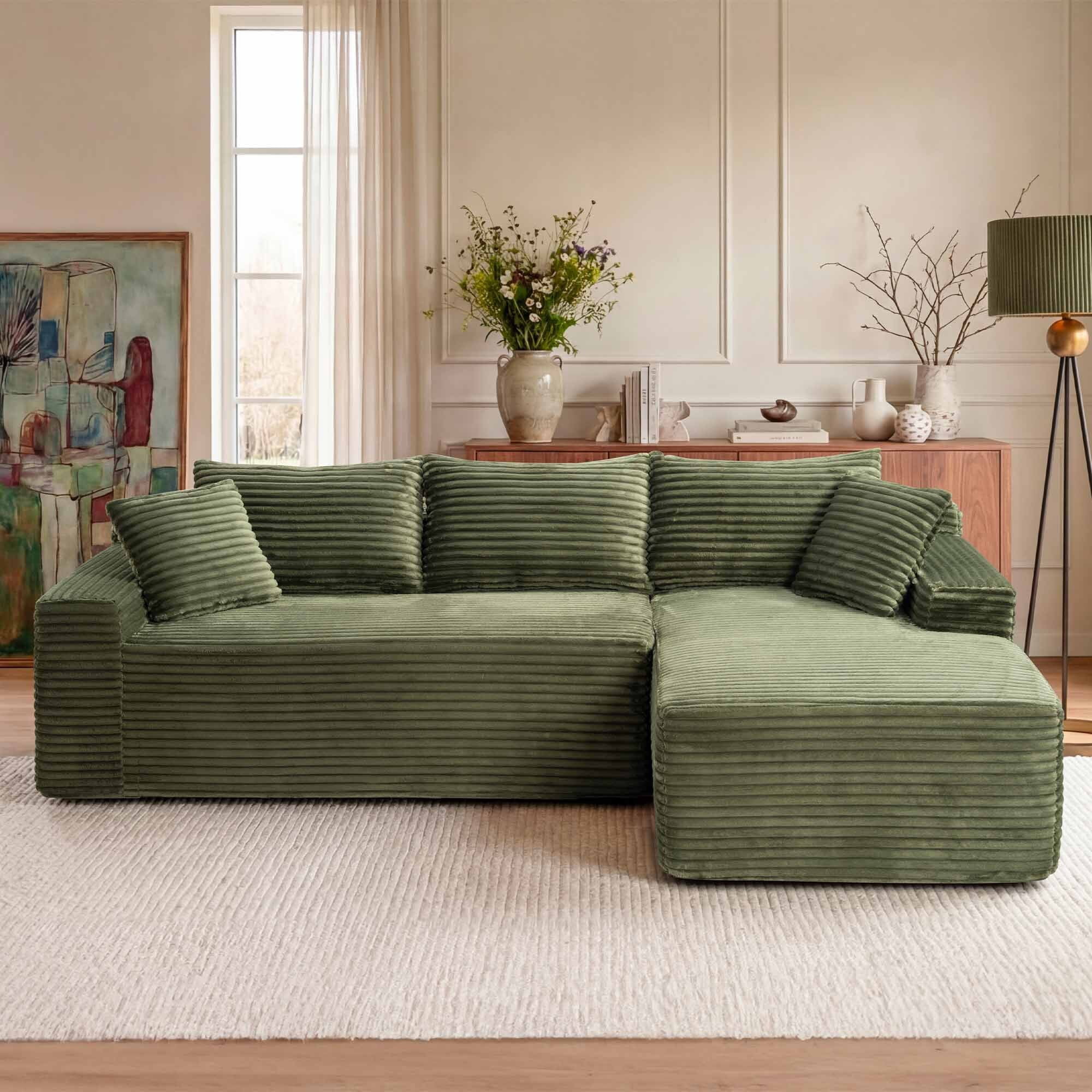 Lunale Small Modular Sectional Sofa with Movable Chaise, L-Shaped Boneless Cloud Couch for Living Room, Green (Right Facing Chaise)