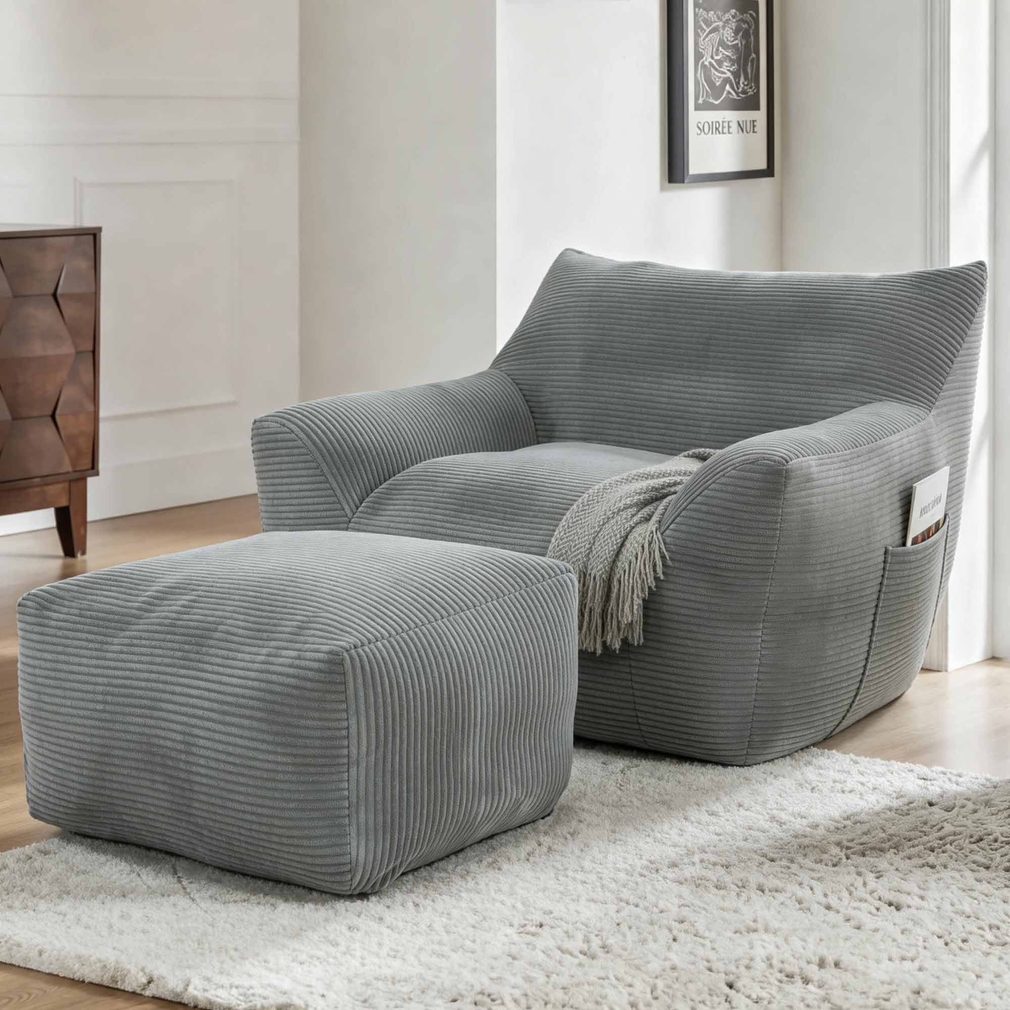 Lunale Oversized Bean Bag Chair with Ottoman, Boneless Lazy Sofa Chair for Bedroom, Living Room, Gray Corduroy