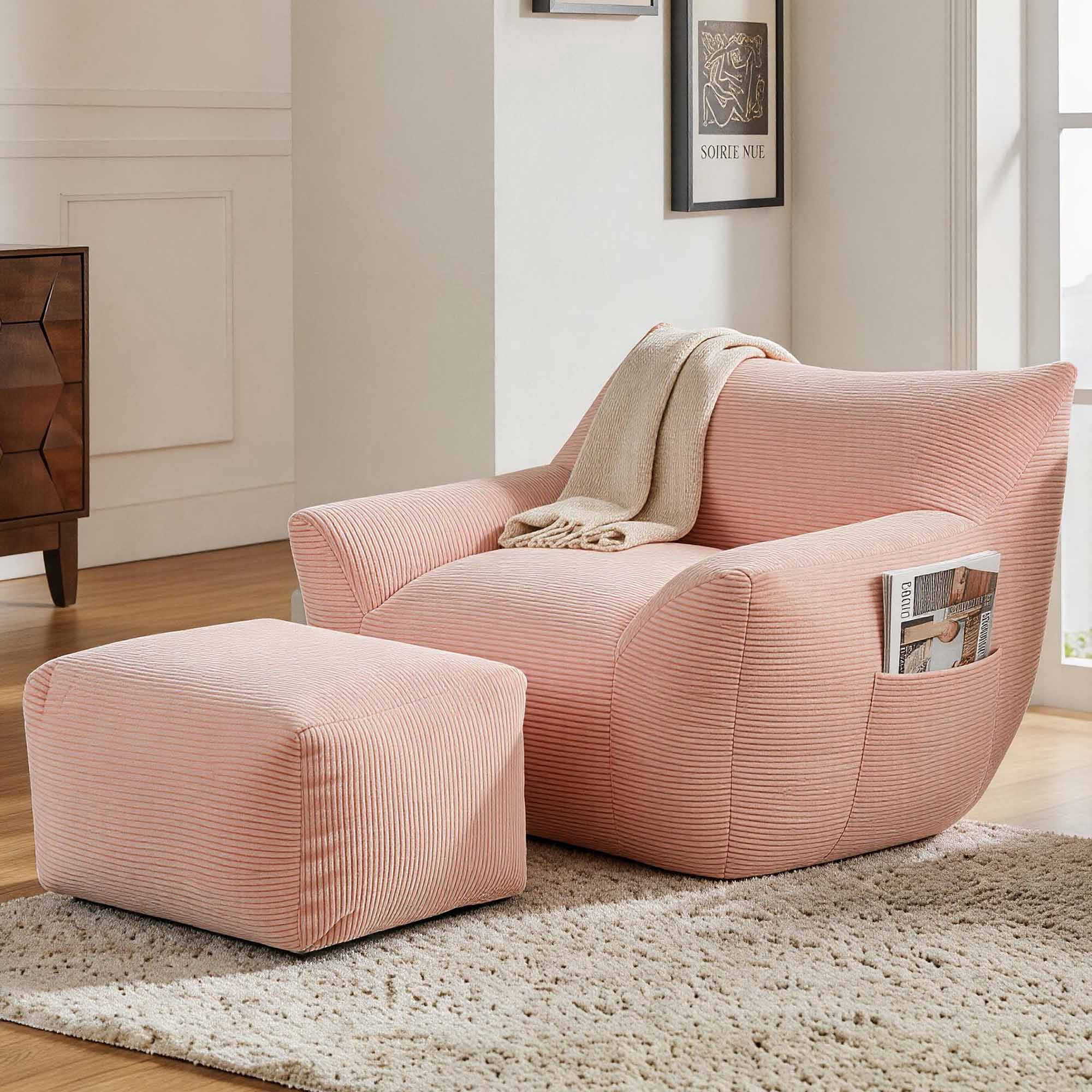 Lunale Oversized Bean Bag Chair with Ottoman, Boneless Lazy Sofa Chair for Bedroom, Living Room, Pink Corduroy