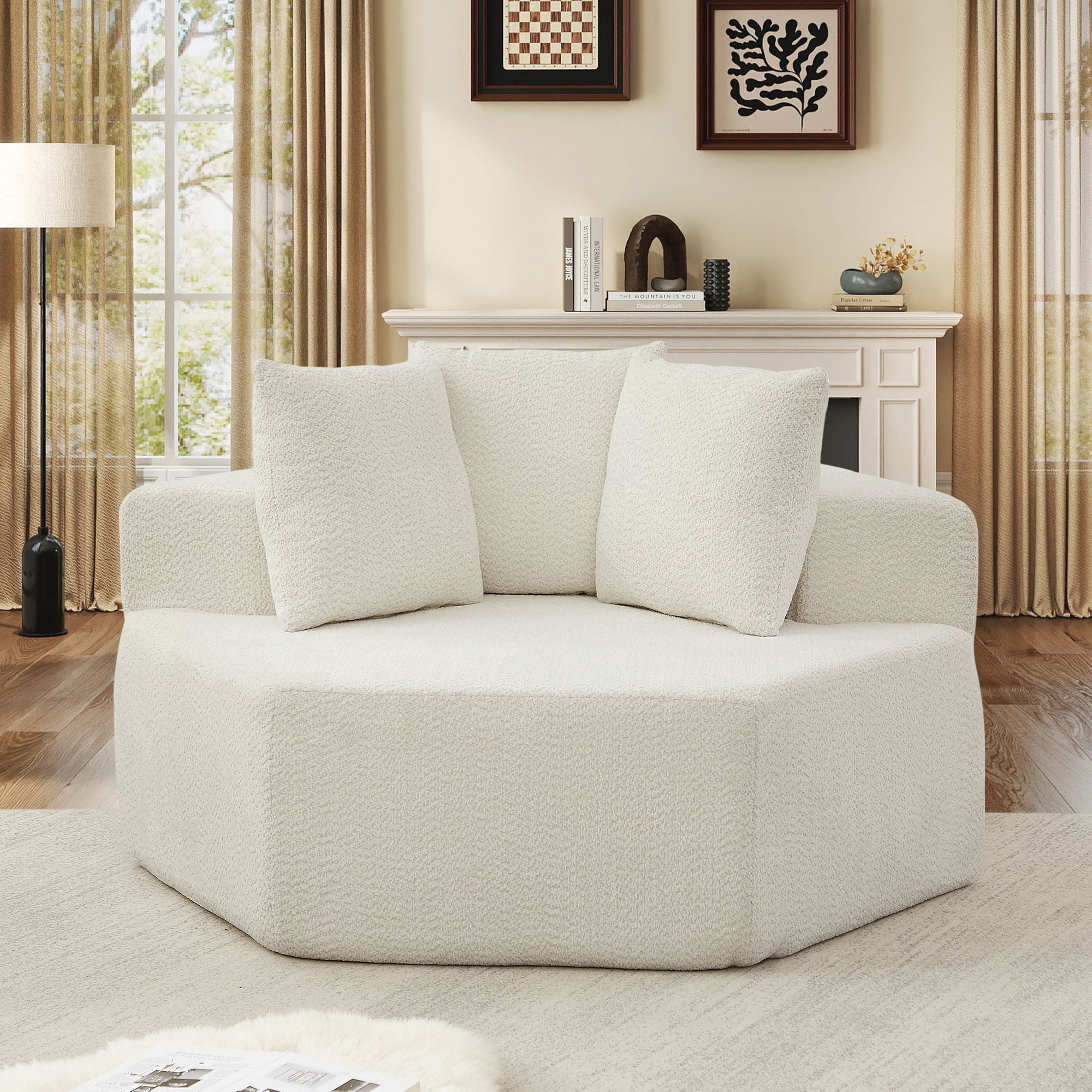 Lunale Oversized Boneless Chaise Lounge Chair Indoor, Round Cloud Couch, Accent Reading Chair for Living Room, Bedroom, Beige Chenille