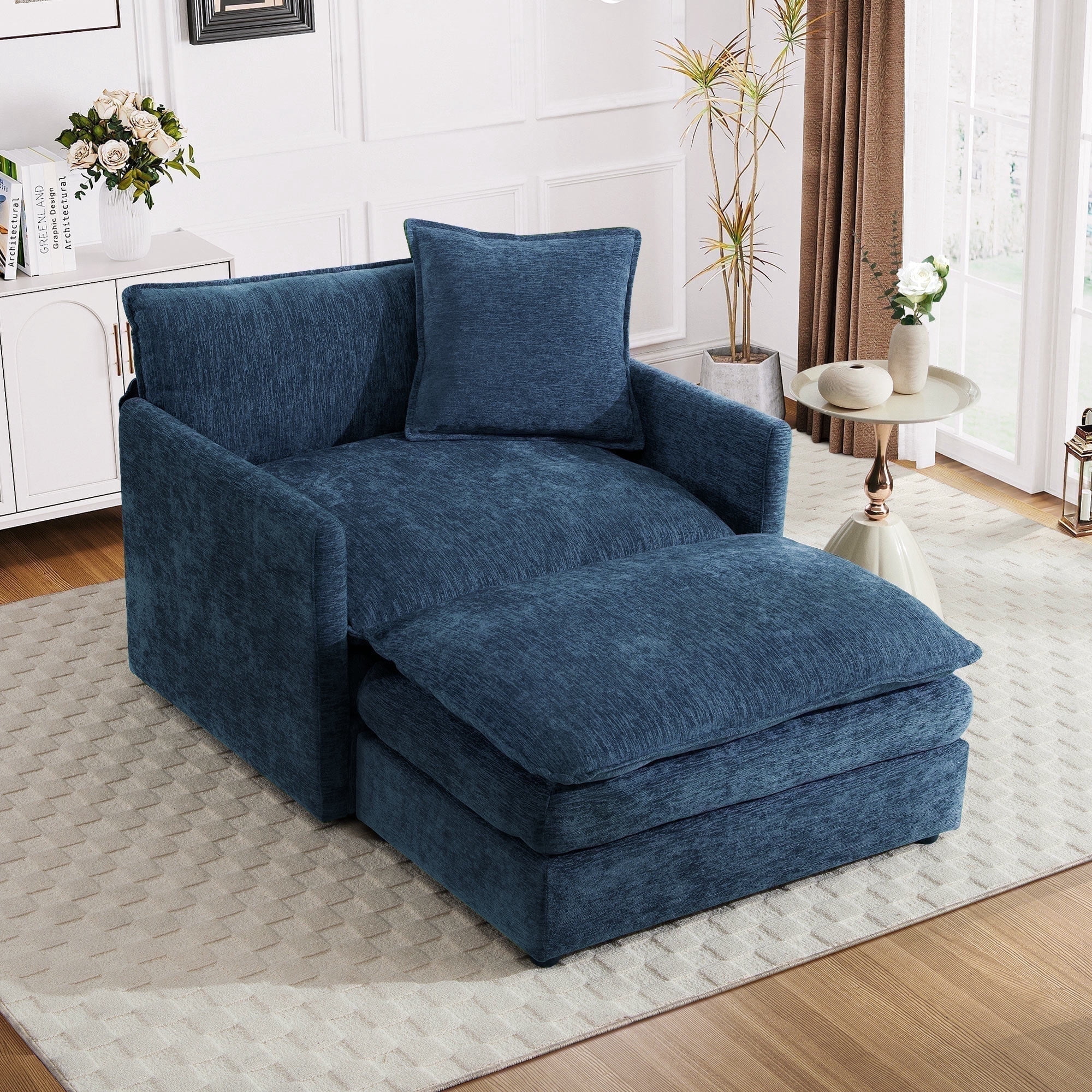 Lunale Oversized Chair with Ottoman, Reading Accent Armchairs for Living Room, Bedroom, Blue Chenille