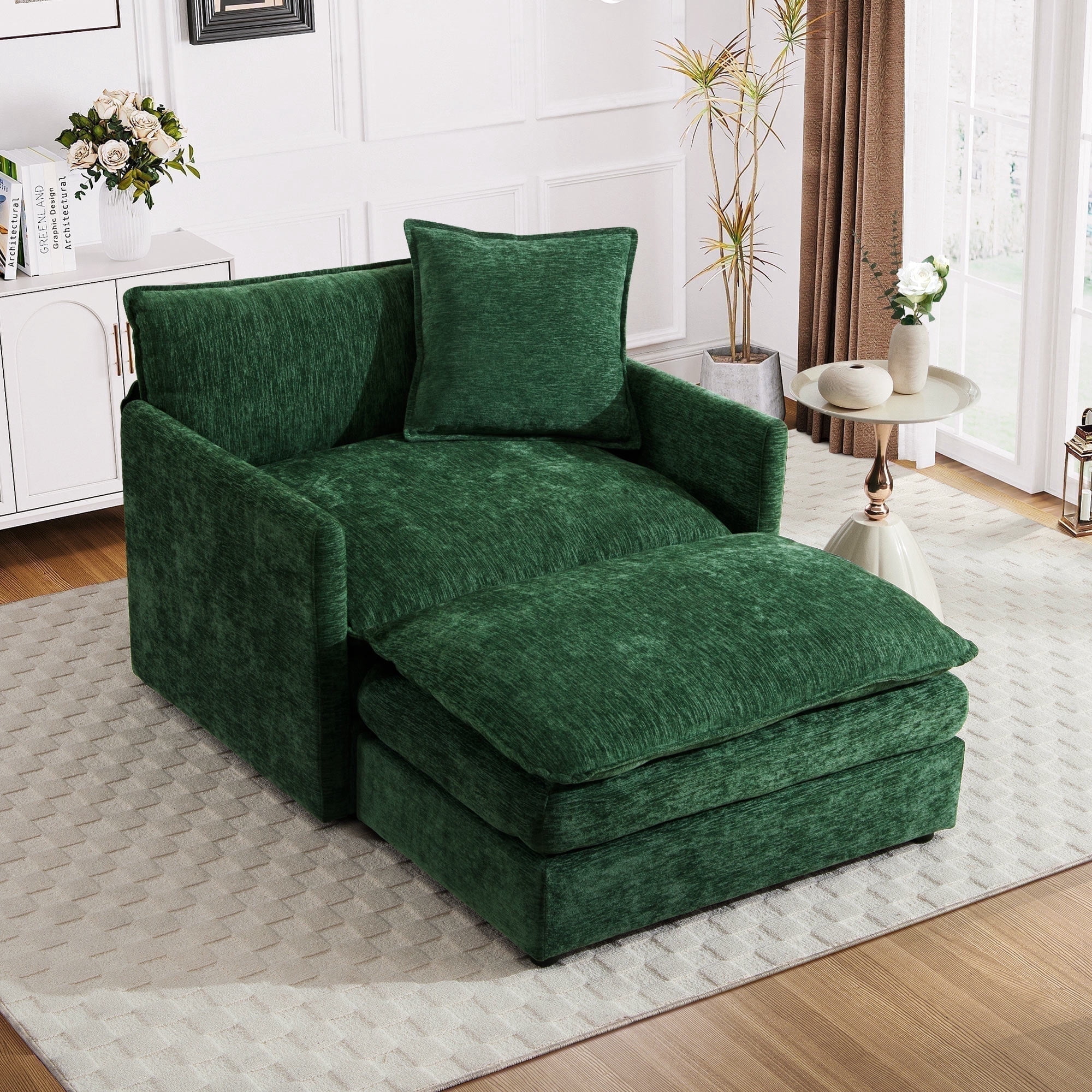 Lunale Oversized Chair with Ottoman, Reading Accent Armchairs for Living Room, Bedroom, Green Chenille