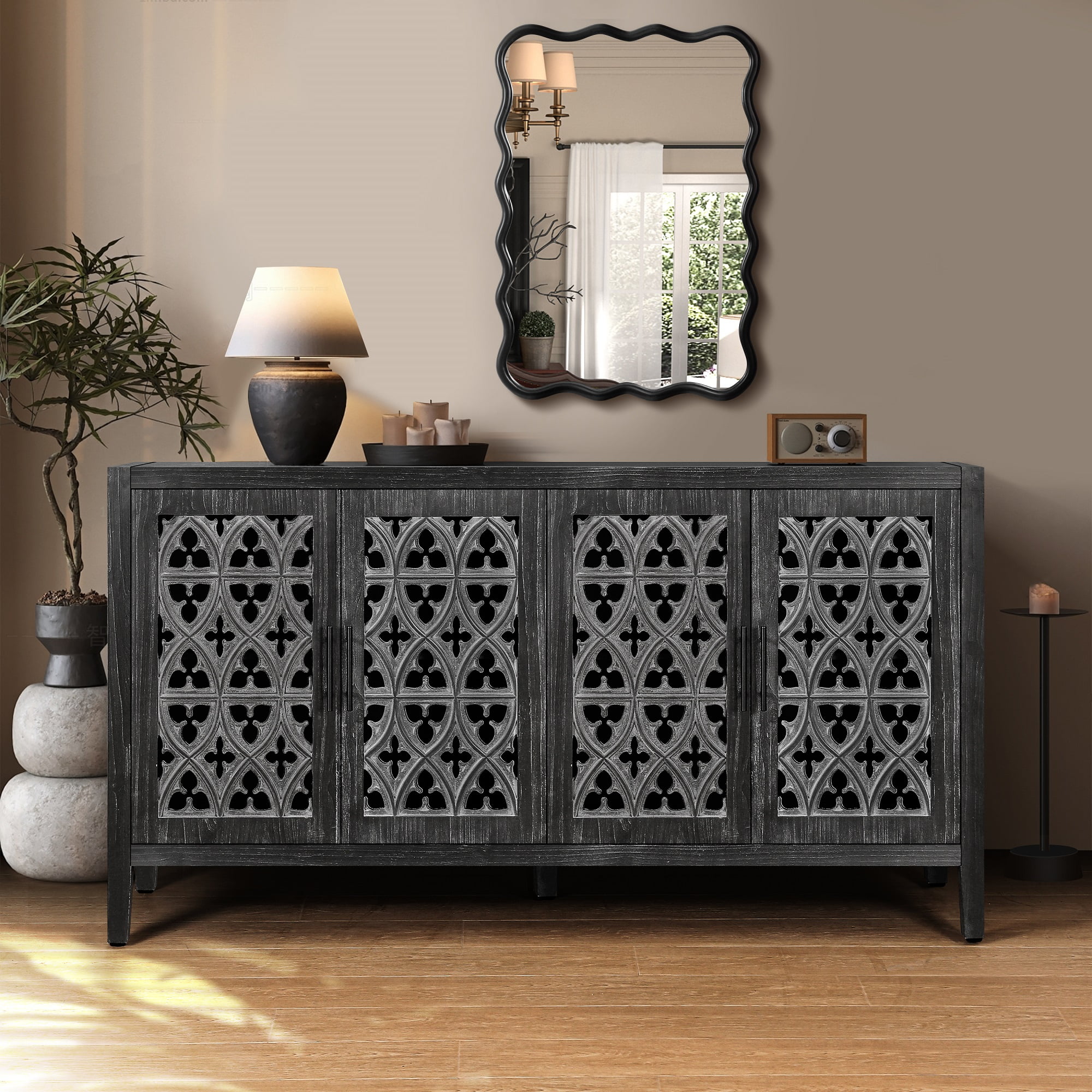 Lunale Retro Hollow Carved Storage Cabinet, American Country Style Sideboard, Suitable for Living Room, TV Cabinet, Kitchen, Antique Black