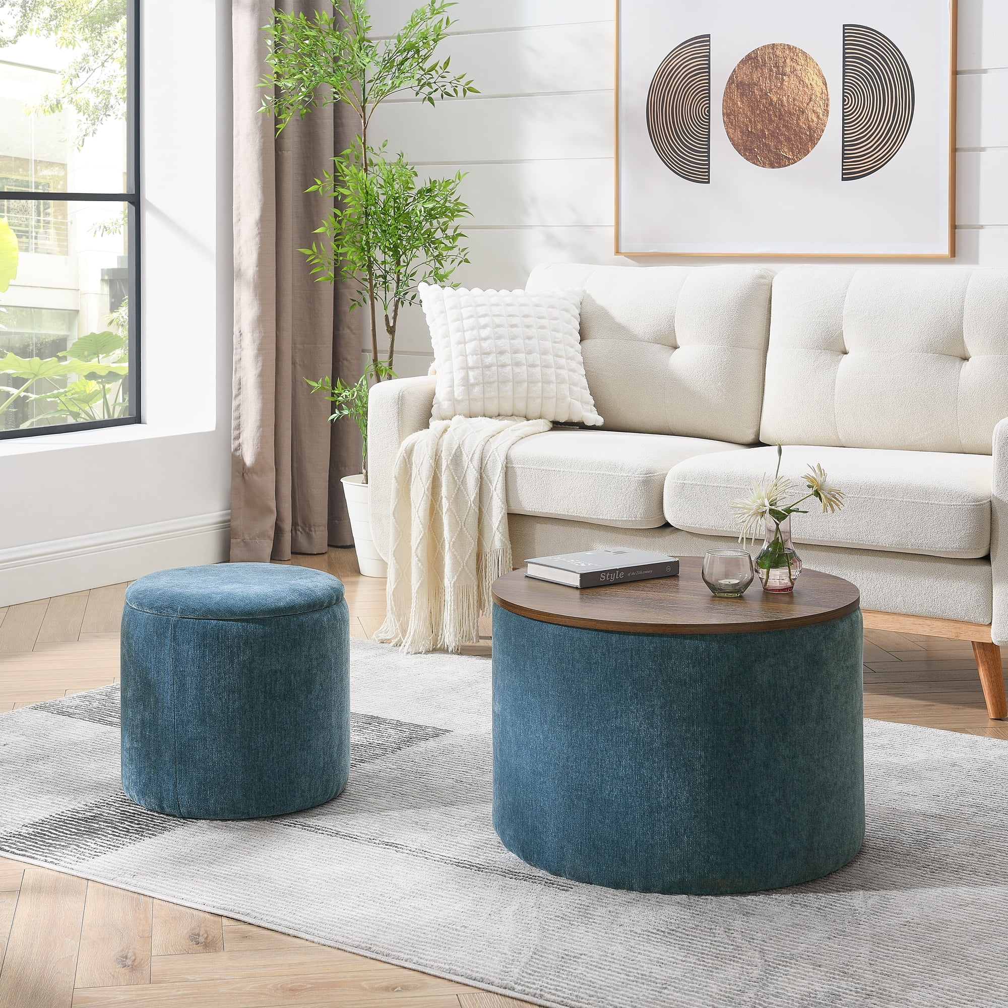 Lunale Round Storage Ottoman Set of 2 Chenille Upholstered Coffe Side Tables for Living Room Dark Blue