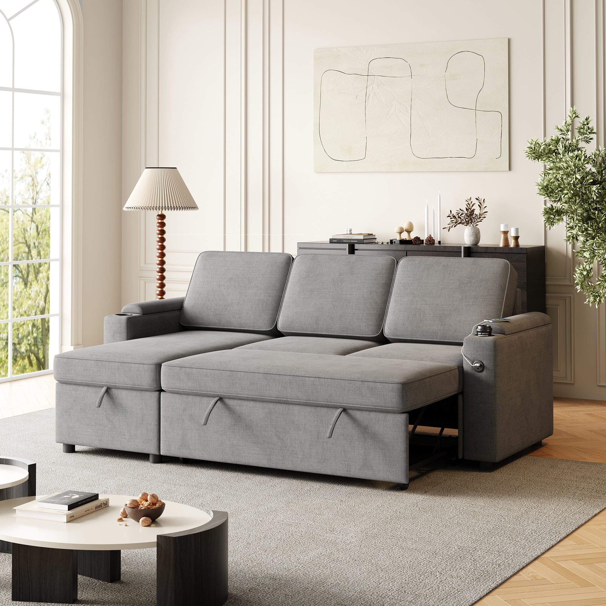 Lunale Sleeper Sectional with Storage Chaise, 85.8" Convertible Couch Bed for Living Room