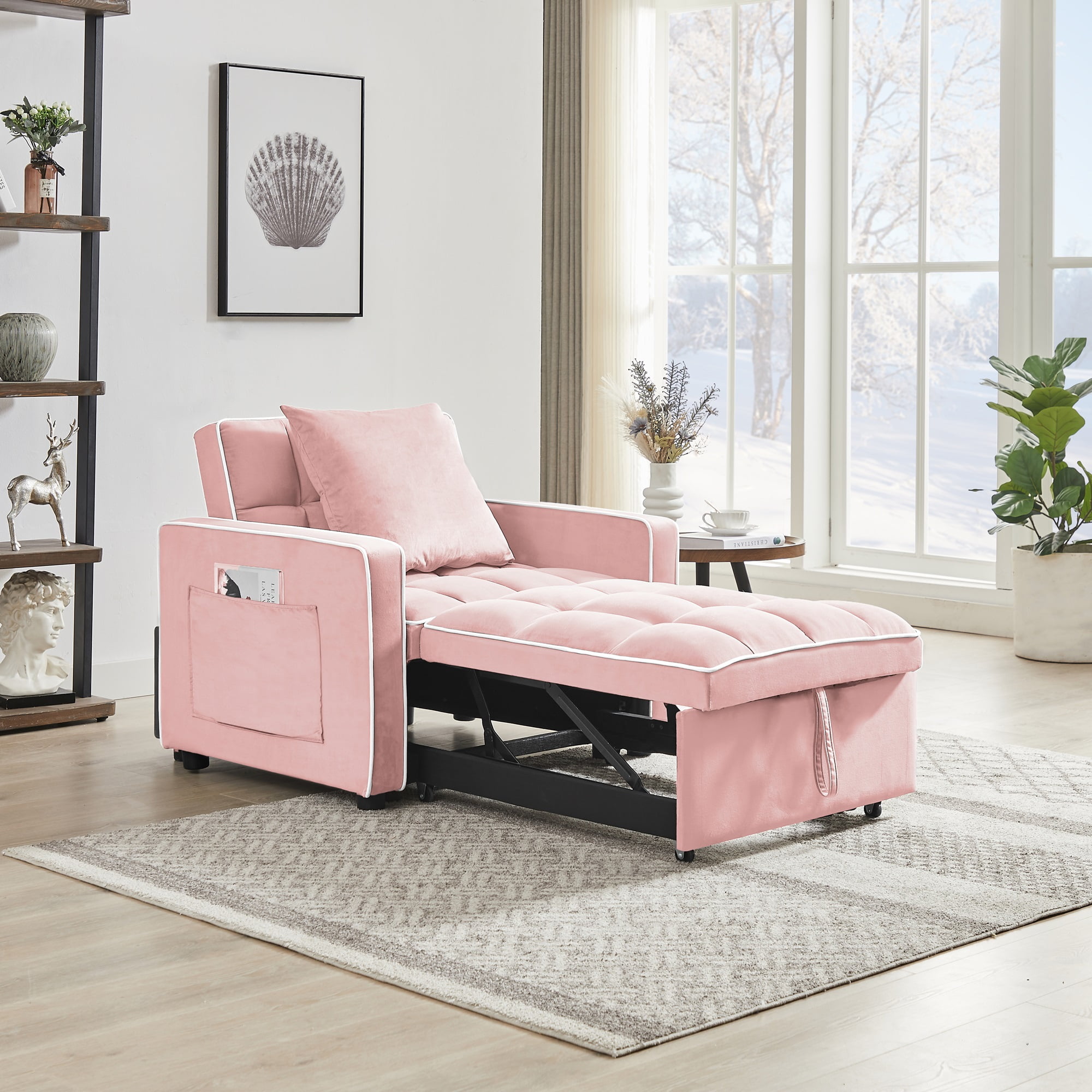 Lunale Sleeper Sofa Chair Bed, 3-in-1 Convertible Sofa Chair, Pink ​Velvet