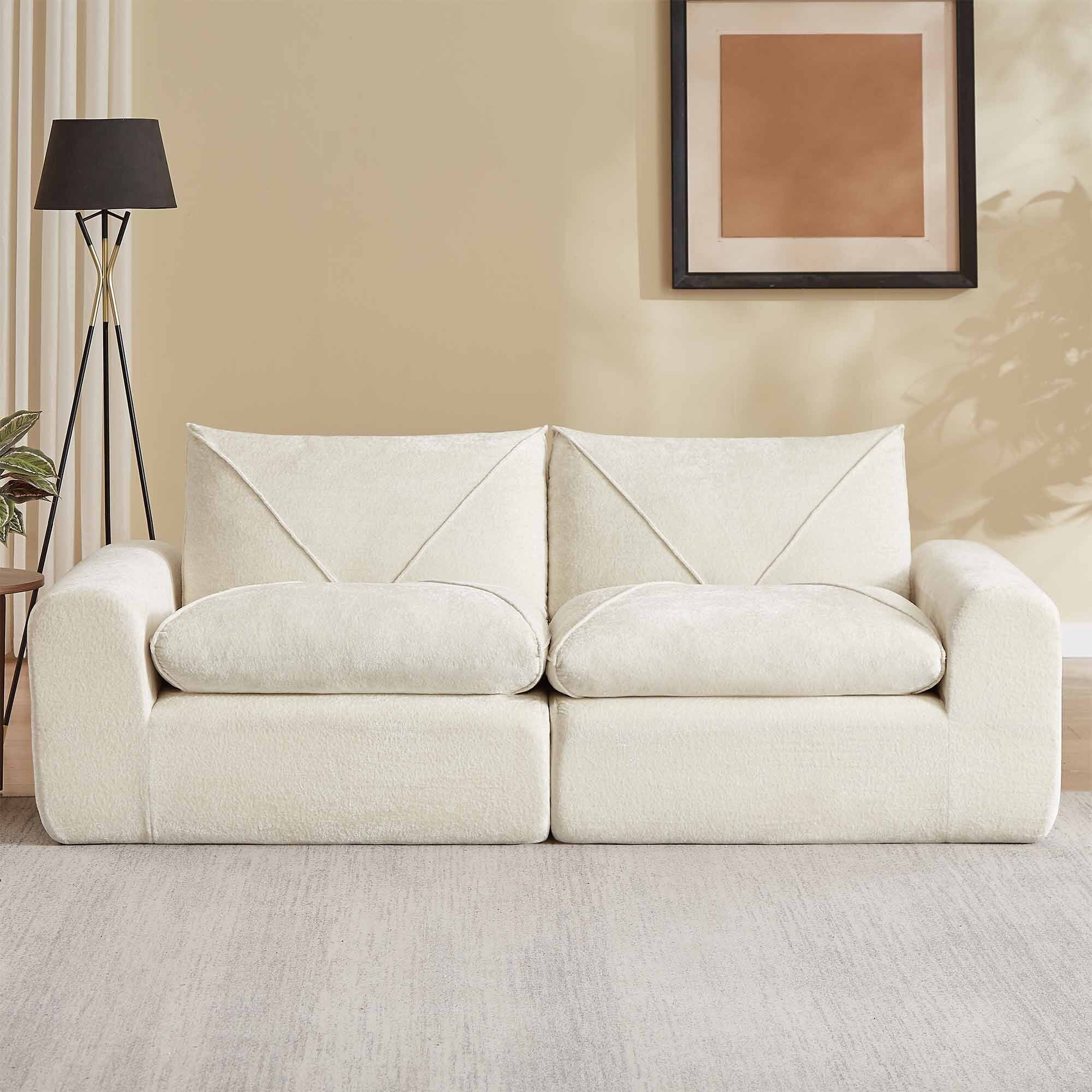 Lunale Small Boneless Cloud Sofa, Modern 2-Seater Chenille Couch with Side Pockets for Living Room, Apartment, Beige