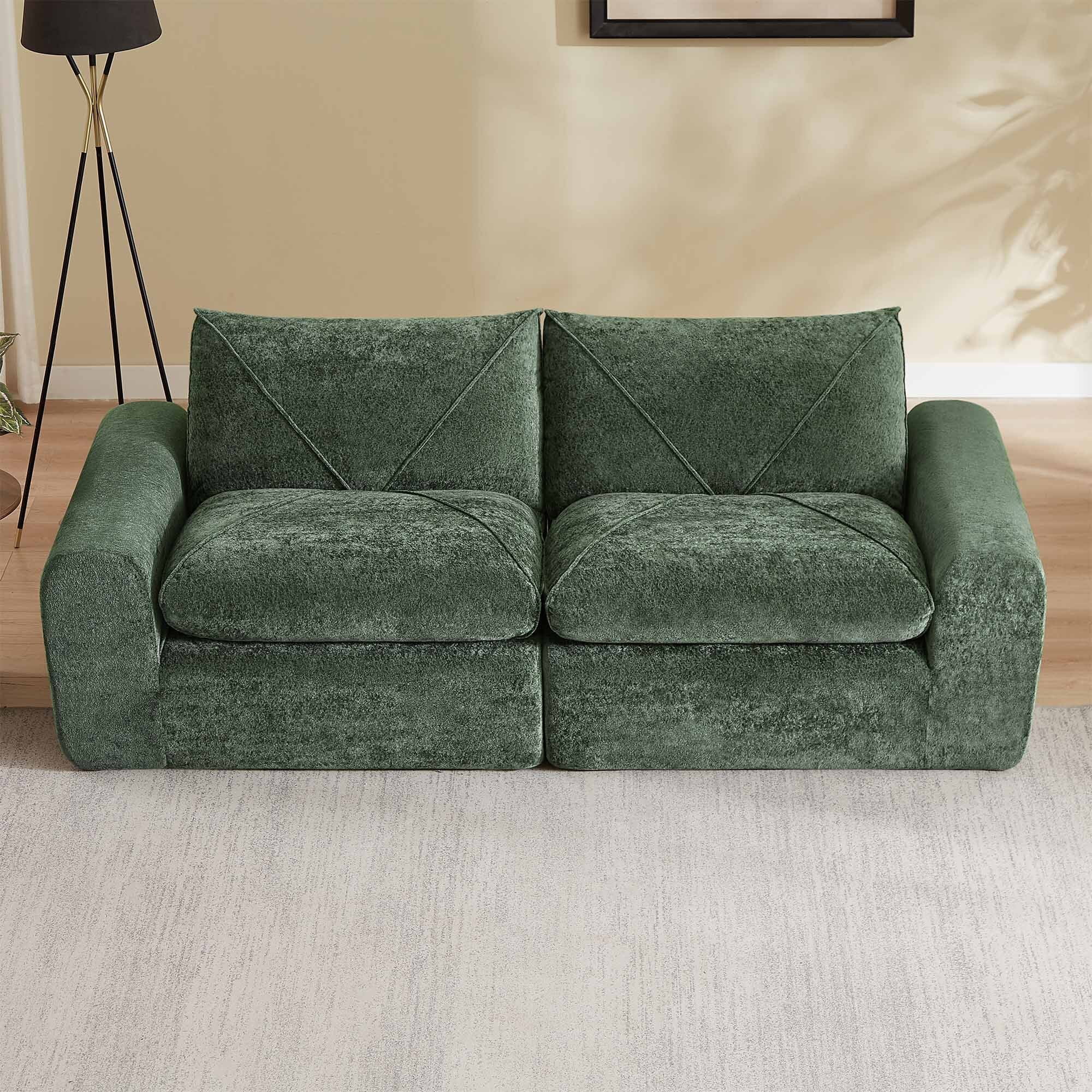 Lunale Small Boneless Cloud Sofa, Modern 2-Seater Chenille Couch with Side Pockets for Living Room, Apartment, Green