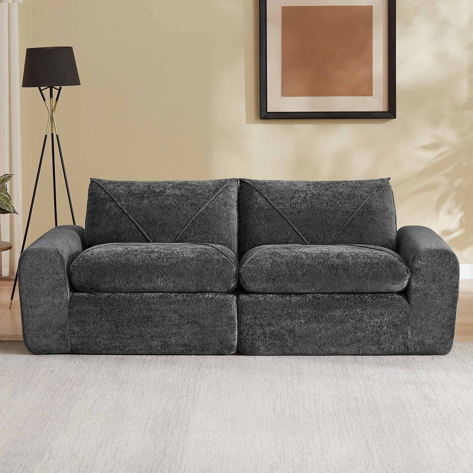 Lunale Small Boneless Cloud Sofa, Modern 2-Seater Chenille Couch with Side Pockets for Living Room, Dark Gray