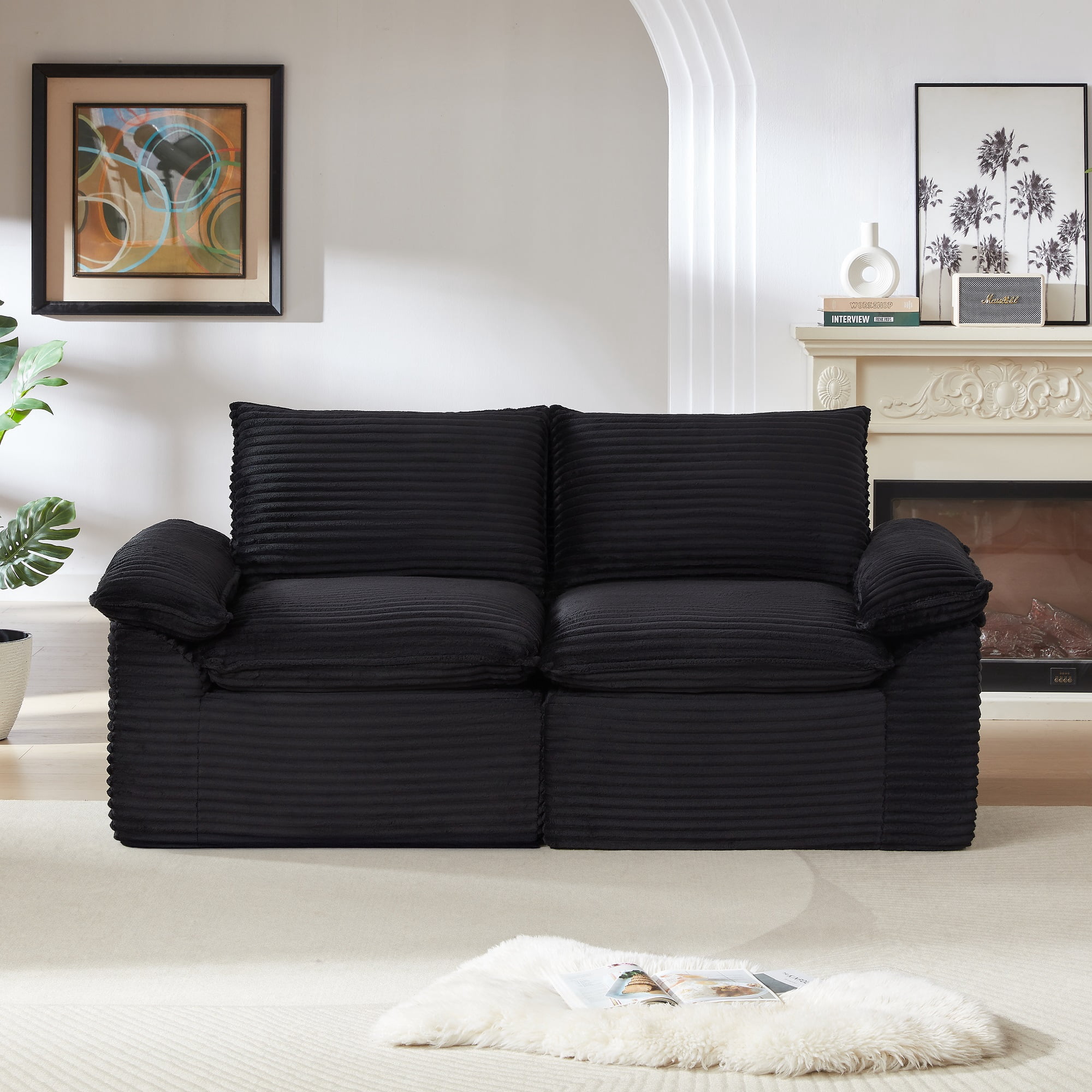 Lunale Small Boneless Cloud Sofa, Modern 2-Seater Corduroy Couch for Living Room, Apartment, Black