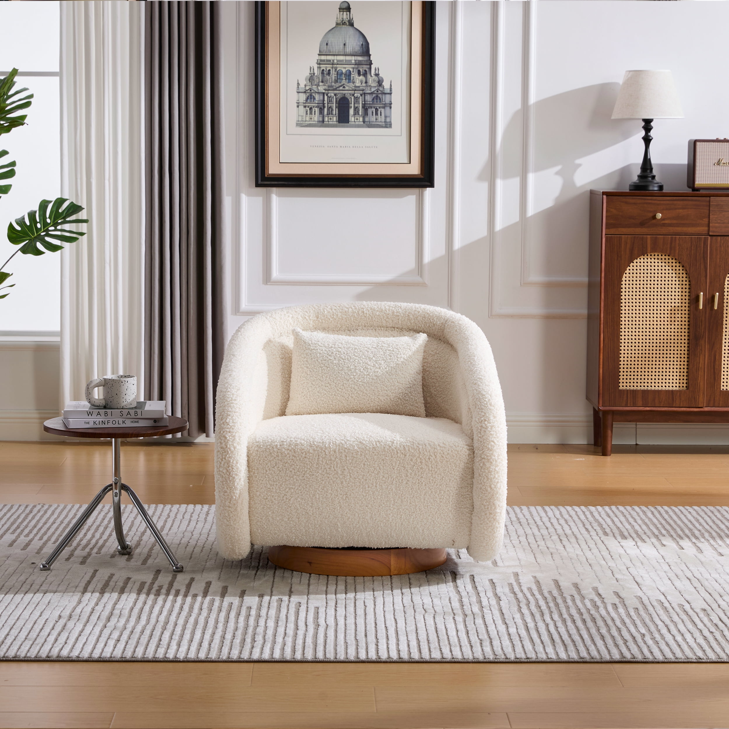 Lunale Swivel Accent Barrel Chair, Modern Pumpkin-Shaped Armchair for Living Room, Beige Teddy Ivory