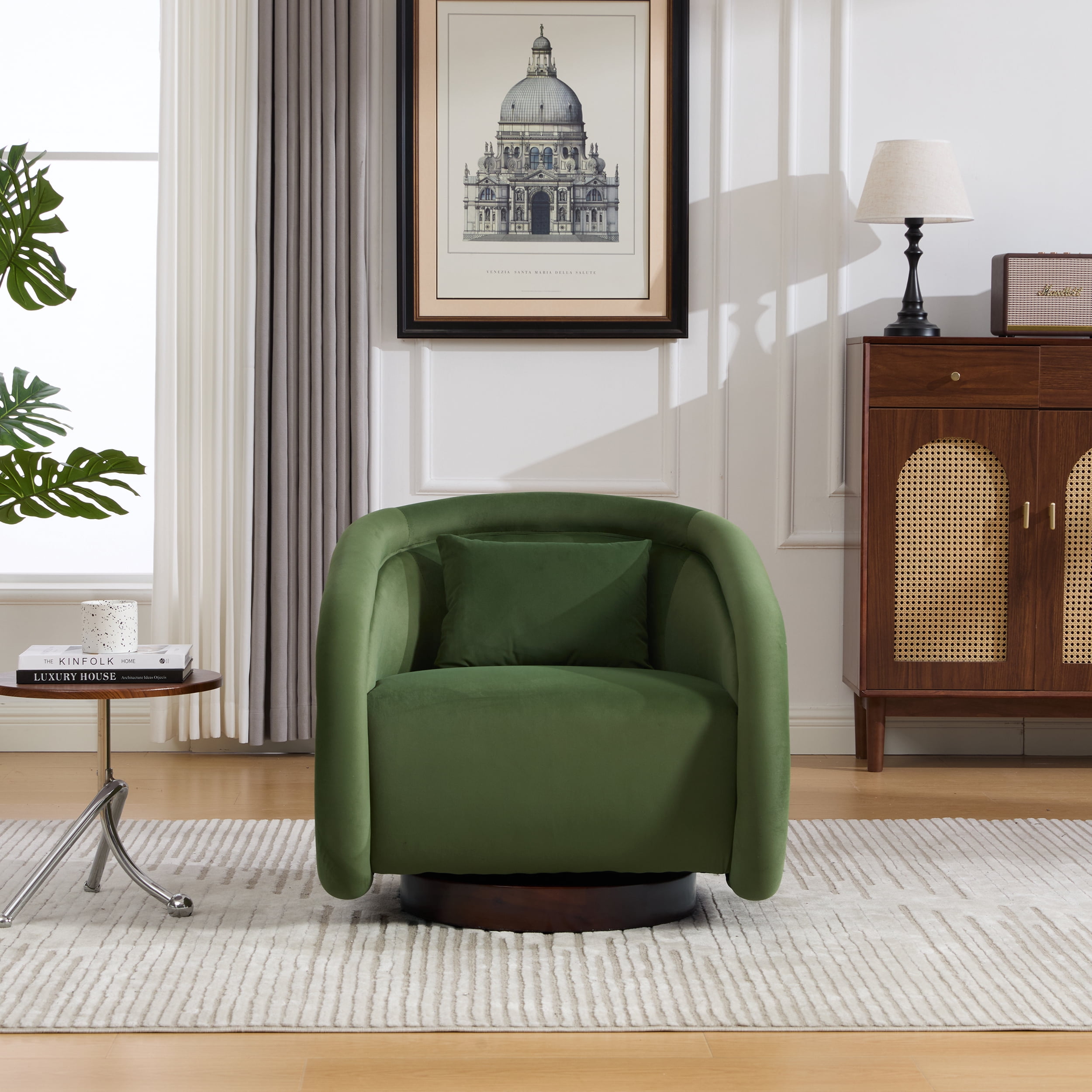 Lunale Swivel Accent Barrel Chair with Plush Pillow, 360 Degree Modern Pumpkin-Shaped Armchair for Living Room, Green Velvet