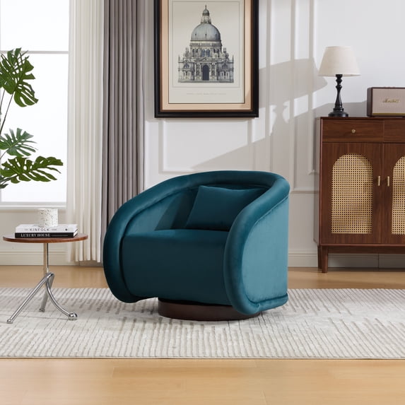 Lunale Swivel Accent Barrel Chair with Plush Pillow, 360 Degree Modern Pumpkin-Shaped Armchair for Living Room, Teal Velvet