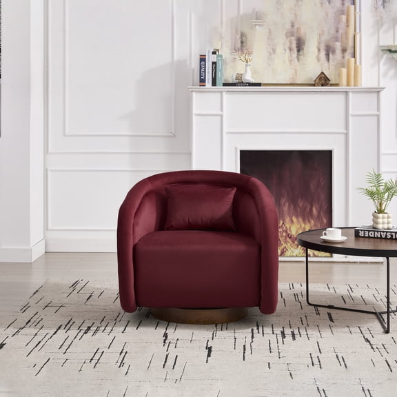 Lunale Swivel Accent Barrel Chair with Plush Pillow, 360 Degree Modern Pumpkin-Shaped Armchair for Living Room, Wine Red Velvet
