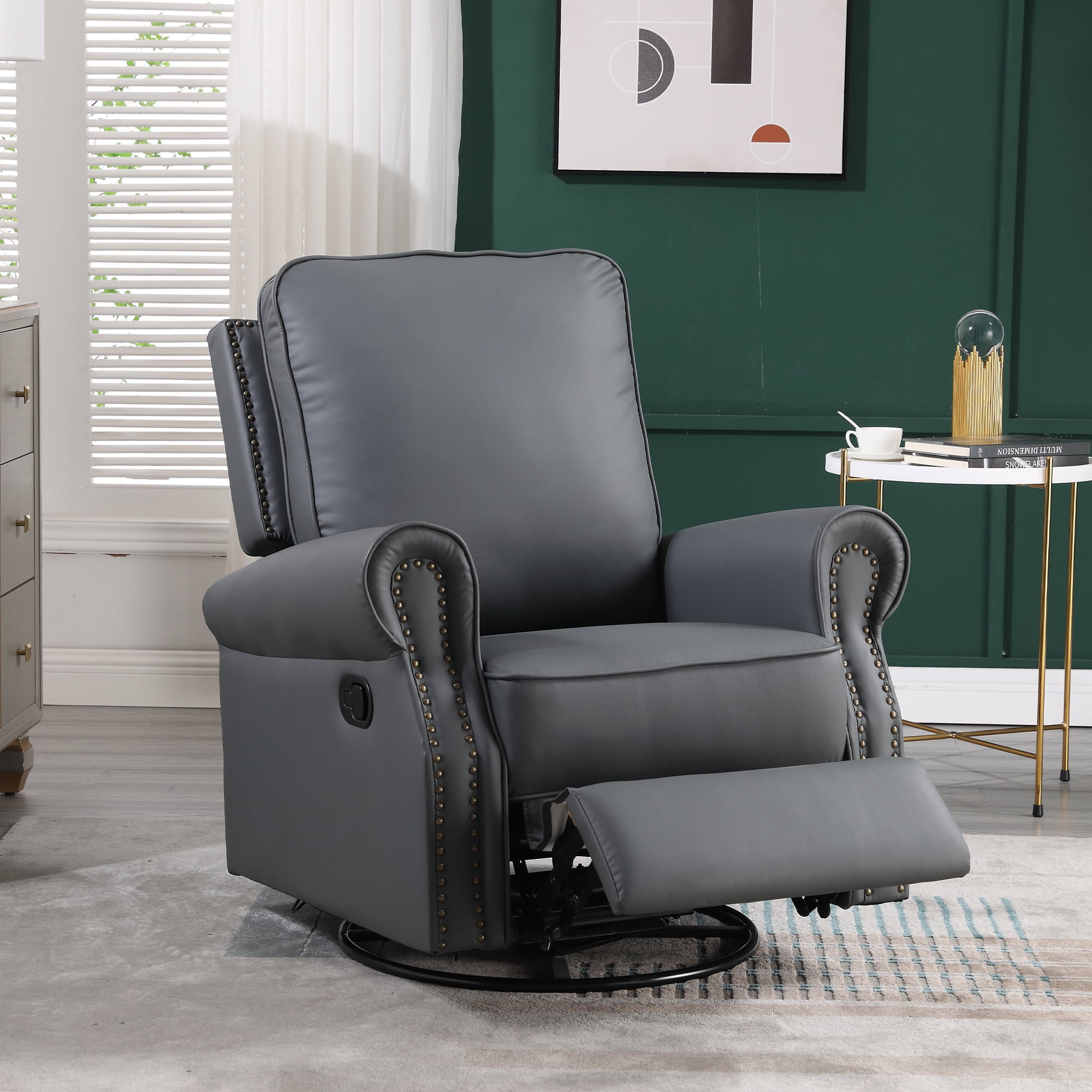 Dinosisco Swivel Rocker Recliner, Upholstered Glider Rocking Chair, Gray Faux Leather