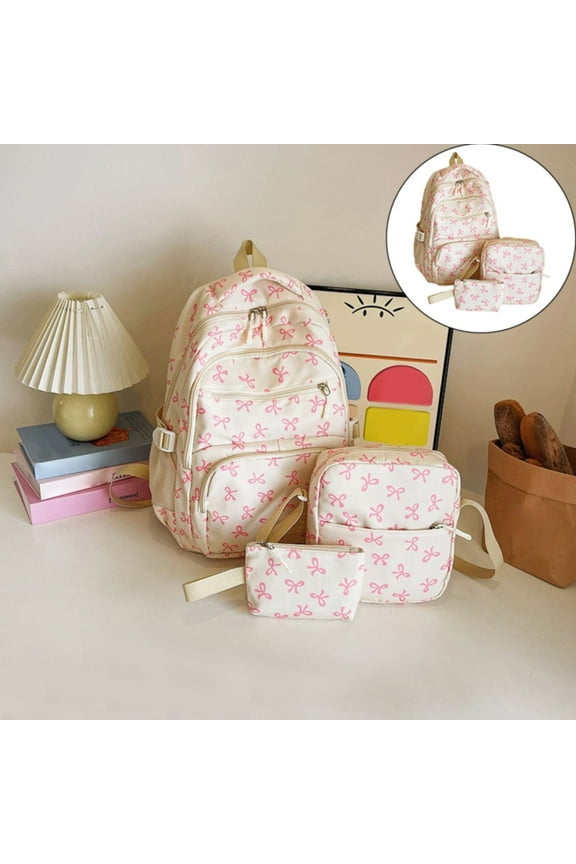 Bow Backpack For Women 3 PCS Cute Backpack Nylon Aesthetic Daypack Bow Pattern Rucksack