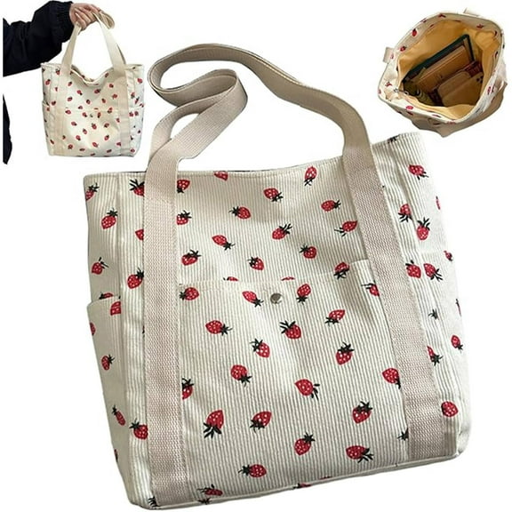 Lunanne Strawberry Bag Large Capacity Corduroy Tote Bag With Zip And Multi Pockets Cute Strawberry Purse With Handle For Women School Travel