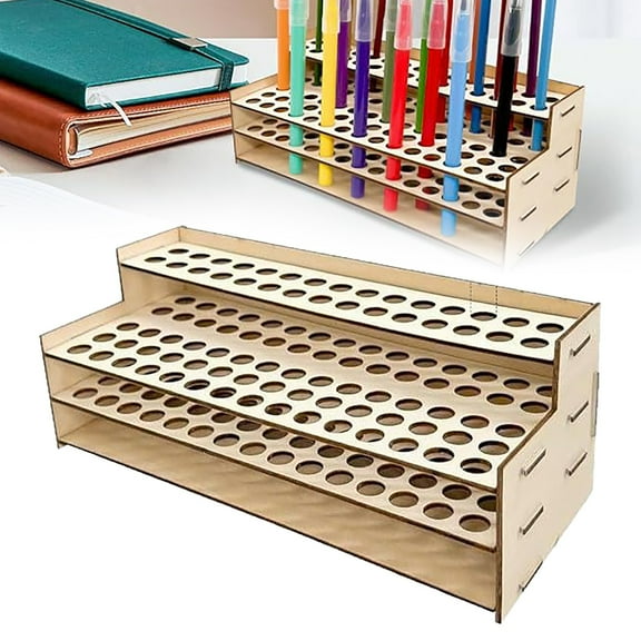 Lunanne Tier Paint Brush Holder Wooden Freestanding Brush Stand Removable 75 Slots Pen Display Holder Rack Pencil Art Office&Craft&Stationery