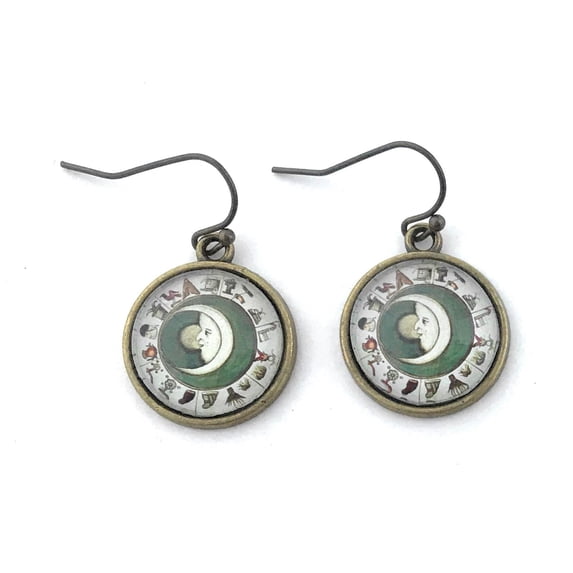 Lunar Calendar Earrings, Alchemy Jewelry, Pagan Calendar, Antique Brass Setting, Gift for Women, Hermetic Jewelry