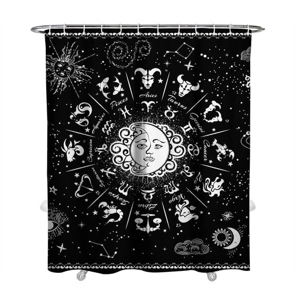 Lunar Celestial Shower Curtain, Dark Gothic Constellation Waterproof Fabric Curtain with Starry Sky, Solar Eclipse Astral Map Design, 72x84 in with Hooks, for Mystical Bathroom Style