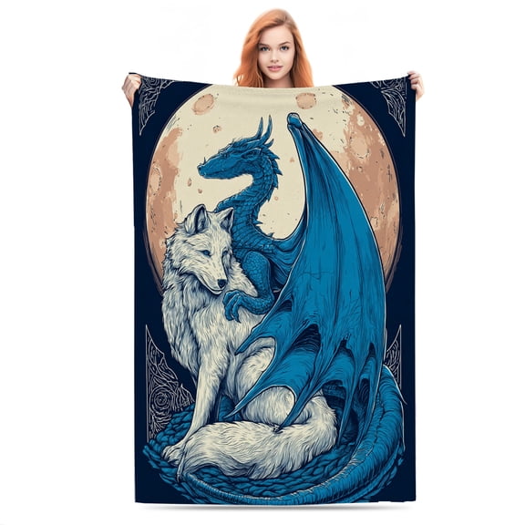 Lunar Dragon and Wolf Flannel Throw Blanket - Ultra Soft & Cozy All-Season Couch Blanket, Bedspread, Travel Wrap - Gift-Ready Luxury for Home, Office & Outdoor