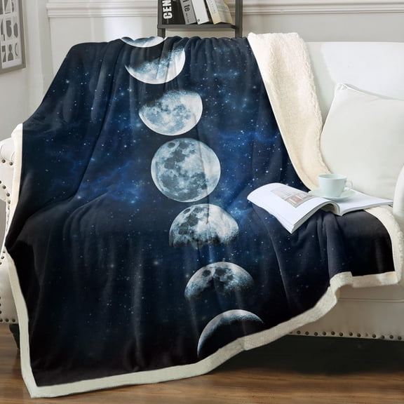 Lunar Eclipse Fleece Throw Blanket for Couch Chair Fuzzy Dark Blue Moon Phases Print Plush Sherpa Blanket for Kids, Twin(60" X 80")