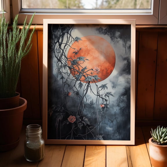 Lunar Eclipse Floral Wall Art, Dark Academia Botanical Nature Decor, Unframed Paper Print Size 16x24