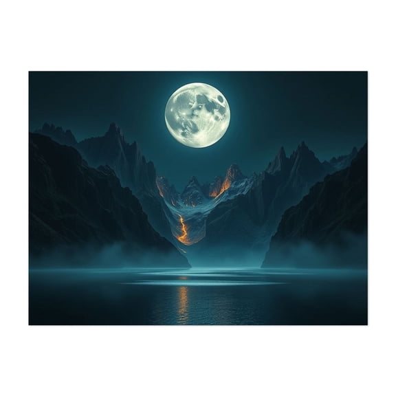 Lunar Embrace: A Mountain Lake at Night - Painting Moon Night Sky Landscape Mystical Fantasy Surrealism Unframed Wall Art Print 18 x 24 inches