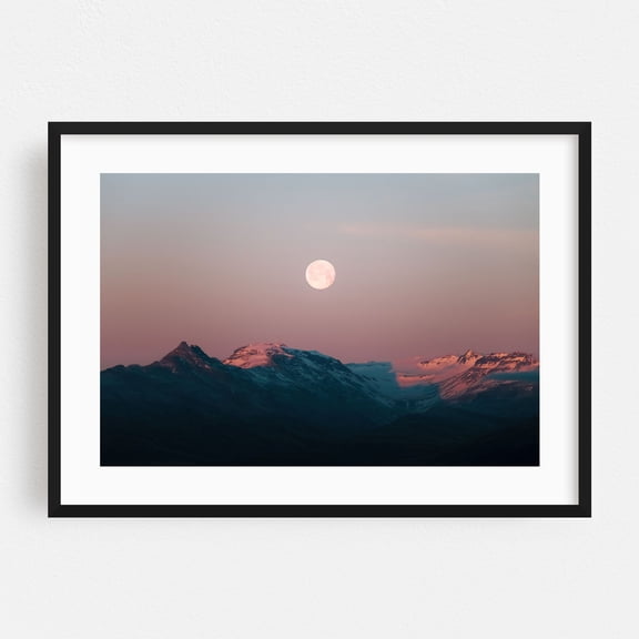 Lunar Embrace - Iceland Photography Moon Night Sky Mountain Landscape Nature Scenic Pastel Black Framed Wall Art Print 16 x 24 inches